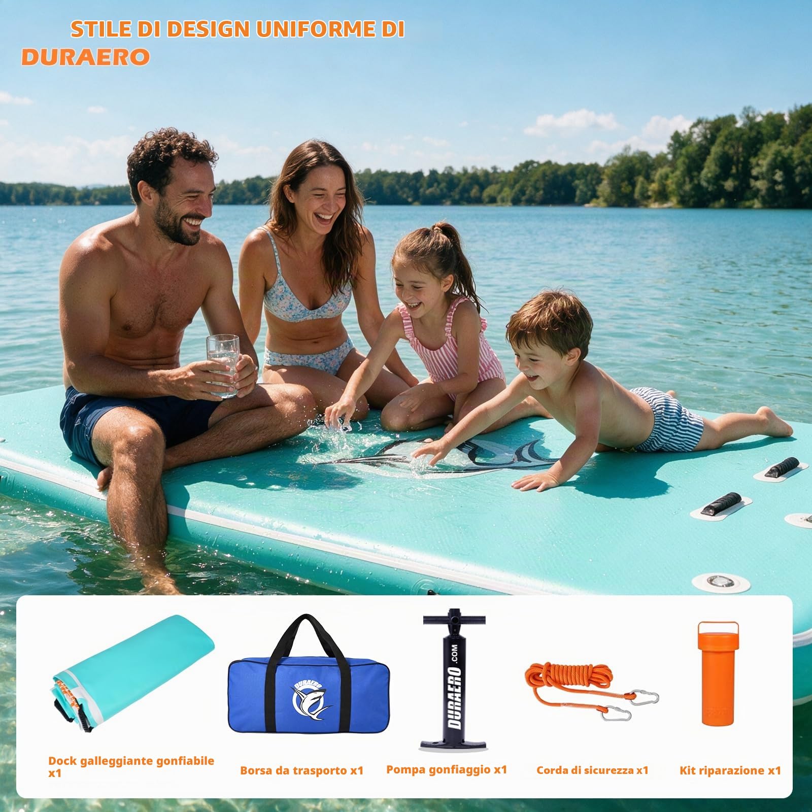 DURAERO Piattaforma Galleggiante Gonfiabile 240 x 180 x 15 cm, Pontile Galleggiante PVC Drop-Stitch per Barca, Lago e Piscina, fino a 4 Persone, con Scala, Pompa e Kit Riparazione