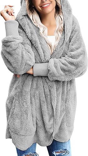 Miniatura 5 de luvamia - Chaqueta con capucha para mujer, diseño de vellón mullido, abierta, abrigo con bolsillos delanteros