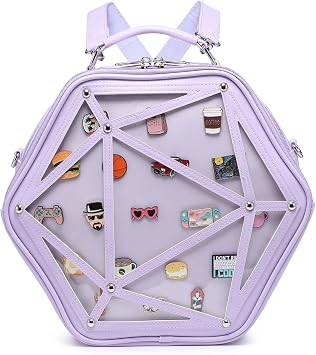 Hexagonal PU Ita Backpack, Clear Pin Window Crossbody Purse for Anime Fans | Convertible Straps, Ample Room For Comic Meets & Daily Trips