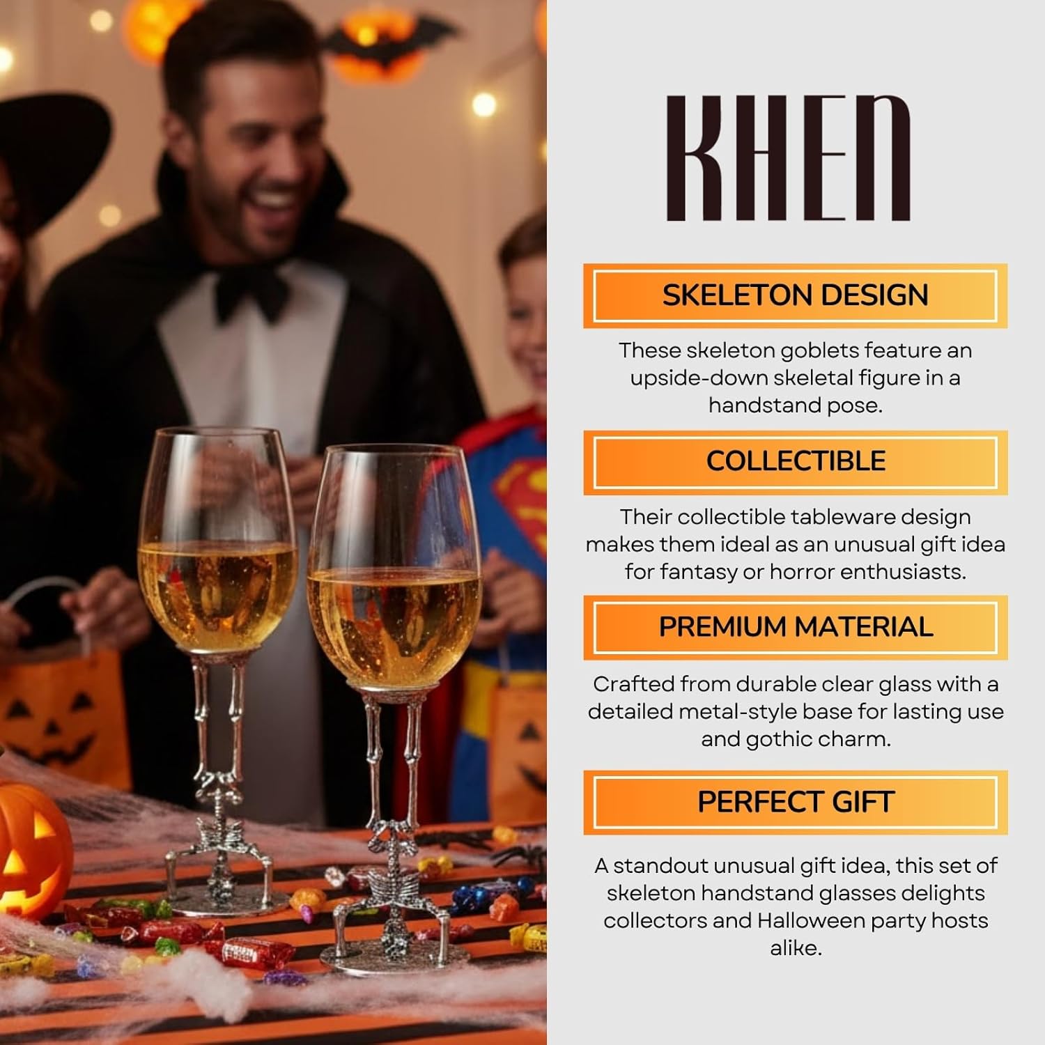 Khen Skeleton Wine Glasses Set of 2 13oz – Gothic Skeletons Stem Goblets for Party, Horror Décor, or Barware – Spooky Skull Wine Glasses for Adults, Gothic Dining & Collectible Tableware Skull - Image 5