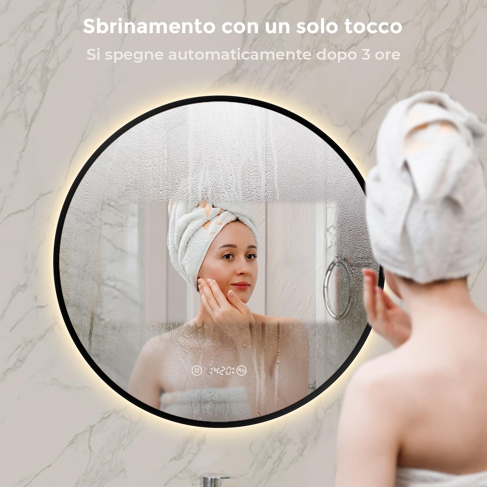 S'AFIELINA Specchio Bagno con Luce rotondo Ø 60 × 3 cm (P), Cornice Nera, Touch, Dimmerabile, Antifog, Orologio, Temperatura, Funzione Memoria, Specchio Bagno Retroilluminato, HD Vetro Temperato