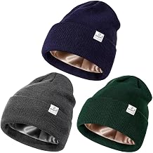 3 Pack Satin Lined Winter Beanie Hats for Women Men,Silk Lined Beanie Knit Soft Warm Cuffed HatDark Gray+Olive Green+Navy Blue