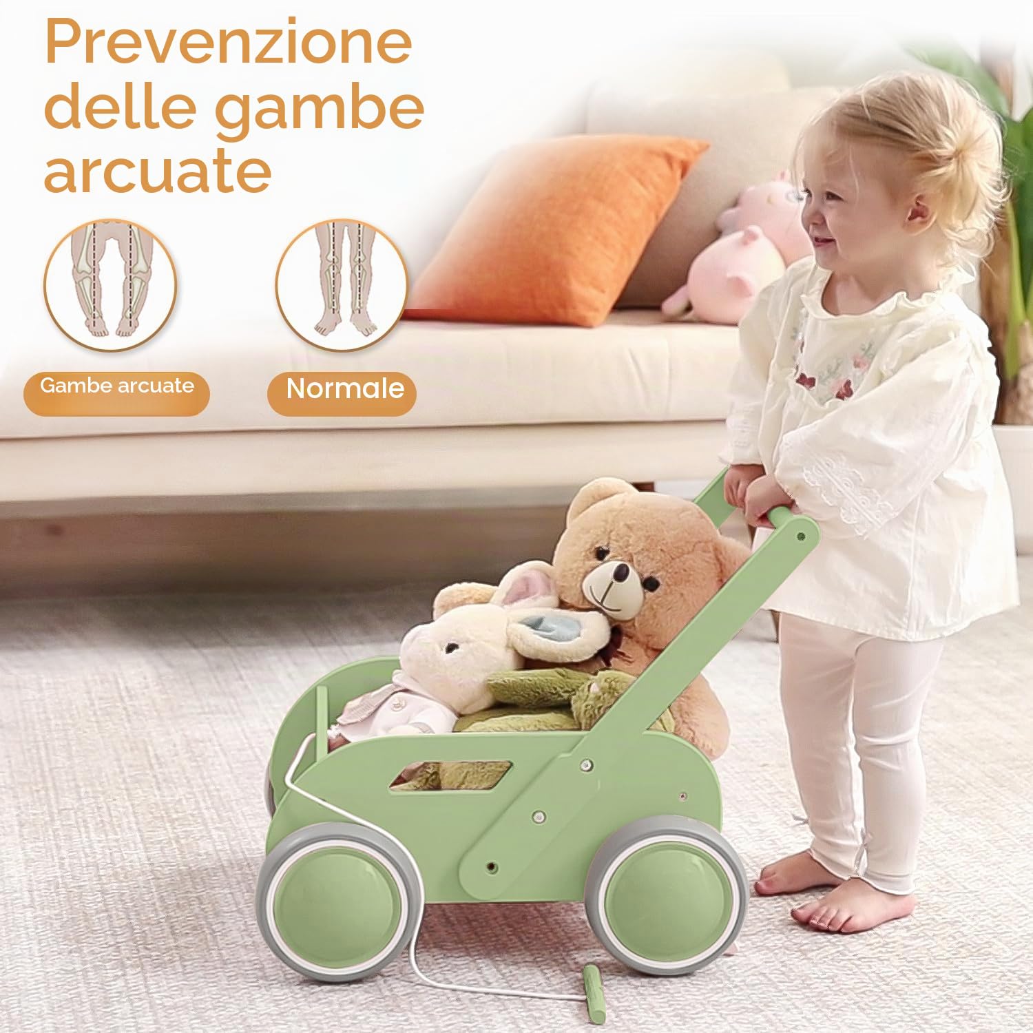 Girello per Bambini di Legno, Carrello Primi Passi Legno per Bambini e Bambine, Giocattoli Bambino 1 Anno con Spazio di Archiviazione, Primi Passi Regalo per Compleanno Natale, Verde