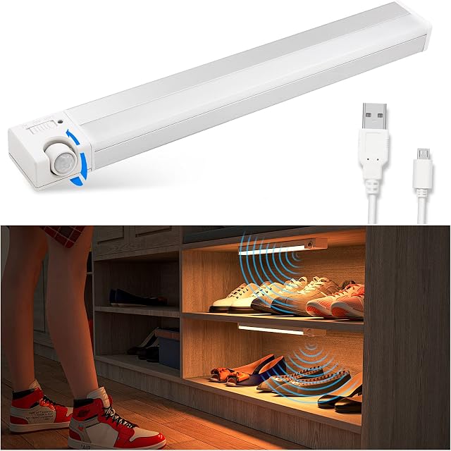 SIBI Motion Sensor LED Light, Large Wide-Angle Sensor Under Cabinet Lights, USB Rechargeable Lights for Wardrobe, Closet, Stair, Under Cupboard Lighting, Warm White 3000K, 1 Pack