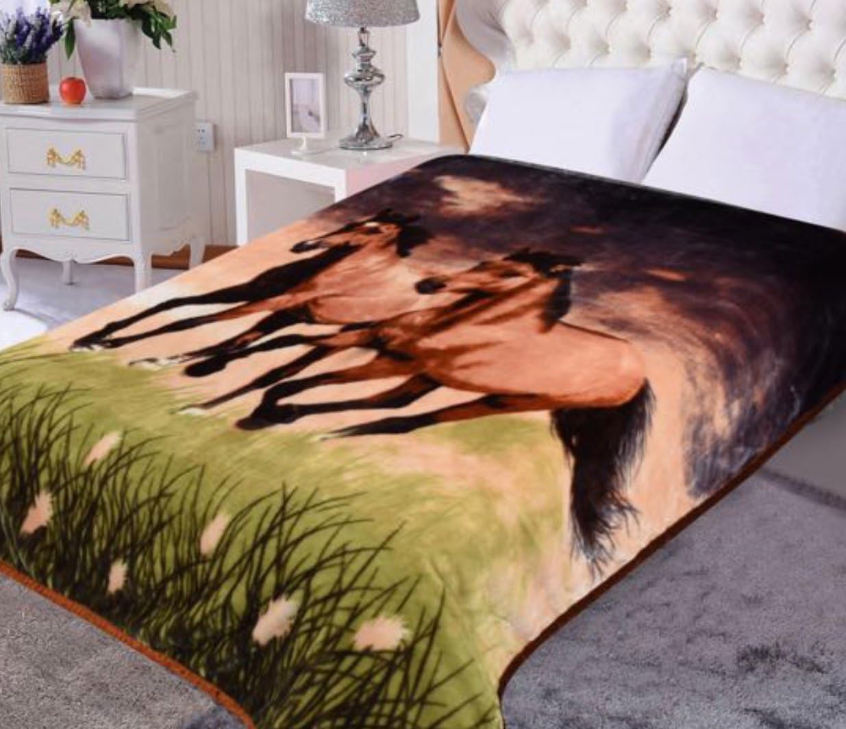 Hiyoko Thick Twin Horse Blanket Queen Size, Heavy Mink Fleece Wild Animal Horses Blankets for Adults, Winter for Girls, Boys, Kids, Men, and Women 75" W x 90" H