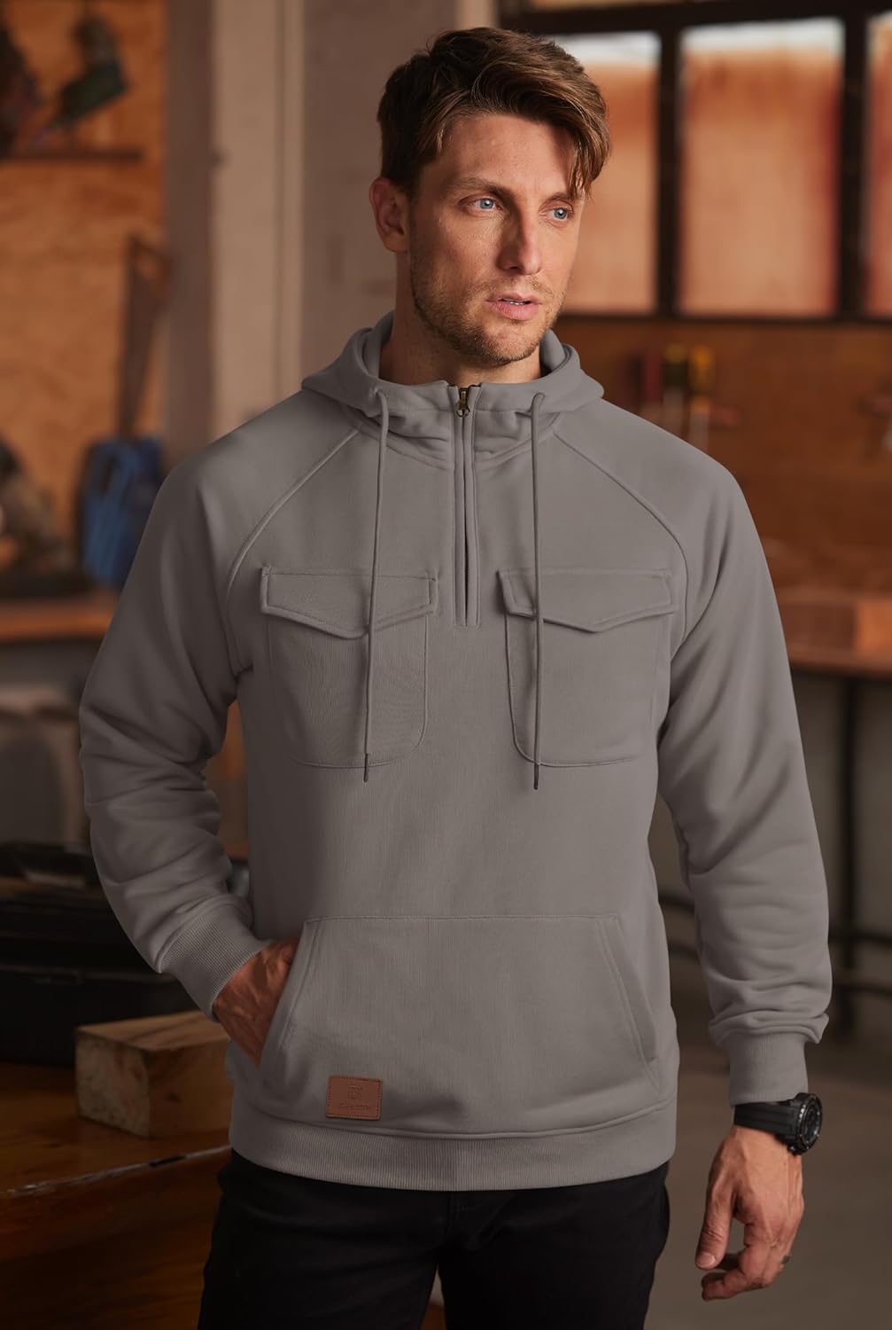 Men's Cargo Hoodie Quarter-Zip Midweight Casual Workwear Tactical Pullover with Pockets (S-3XL) - Image 2