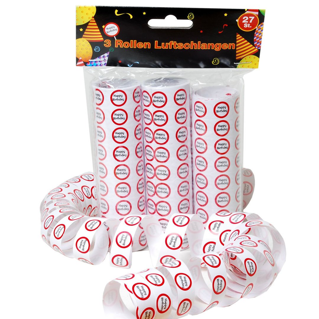 Udo Schmidt Luftschlangen-3 Rollen je 9 STK. -Verkehrszeichen rot/weiß-Zahl: Happy Birthday, Papier