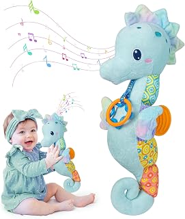 Baby Toys 0-6 Months,Infant Musical Seahorse Stuffed Animals Sensory Toys with Bright Colors,Multiple Textures,Rattles & Crinkle Sound Paper,Soft Tummy Time Toy for Newborn Boys Girls 0-12 Months-Blue