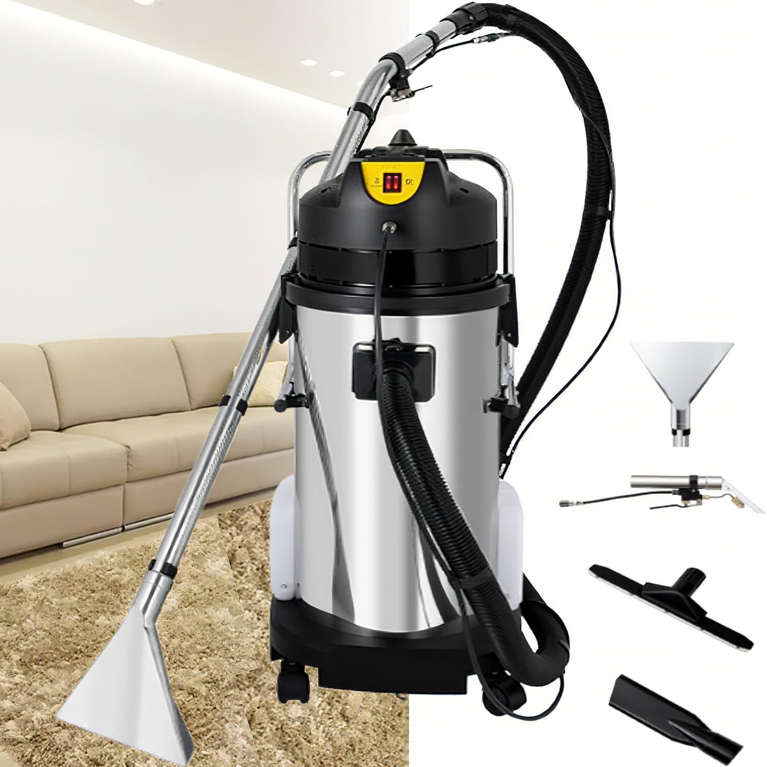 Máquina de limpieza de alfombras comercial, 40 L, aspiradora 3 en 1 en seco para alfombras y suelos, succión de 1049 W, champú de acero inoxidable con cable de 23 pies y ruedas