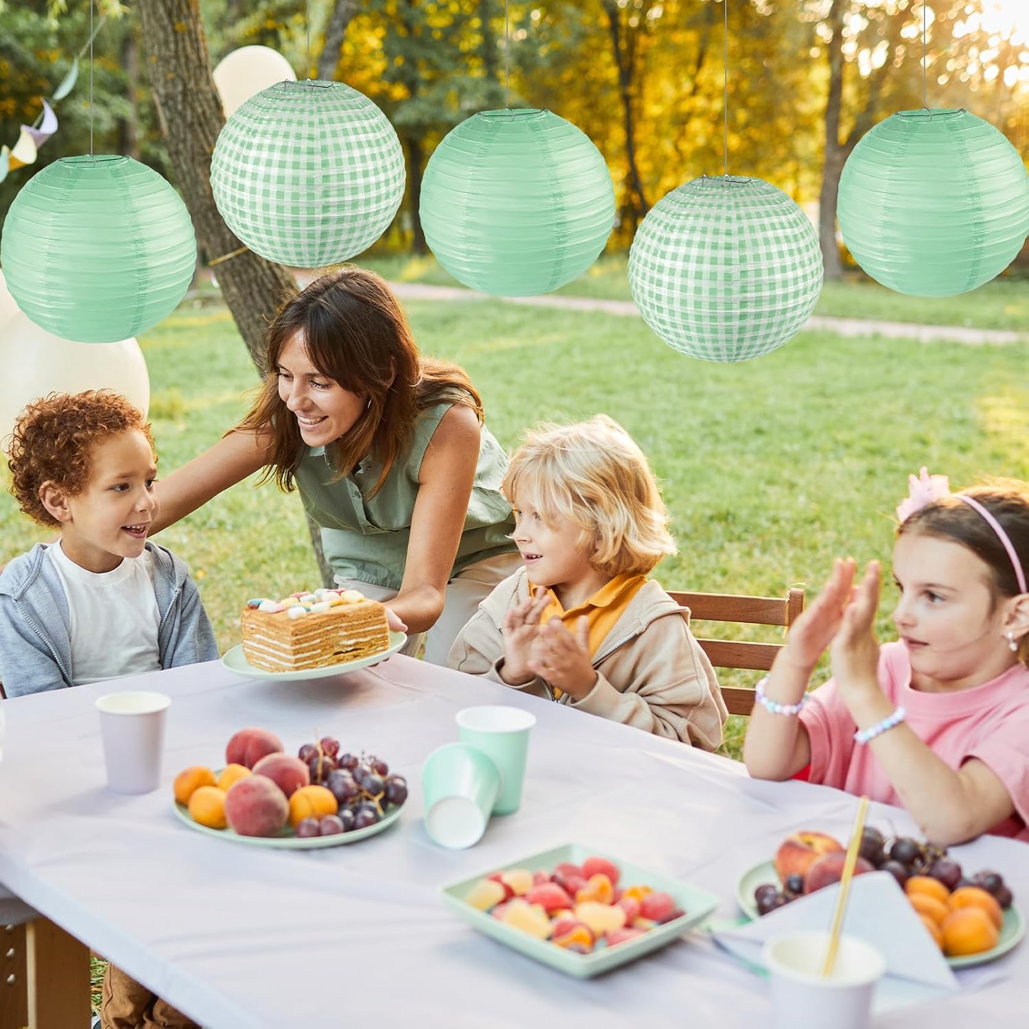 6PCS Sage Green Paper Lanterns for Sage Party Decorations Green and White Checkered Plaid Hanging Lanterns for Wedding Birthday Party Engagement Picnic Baby Showers Supplies(12Inch) image 5