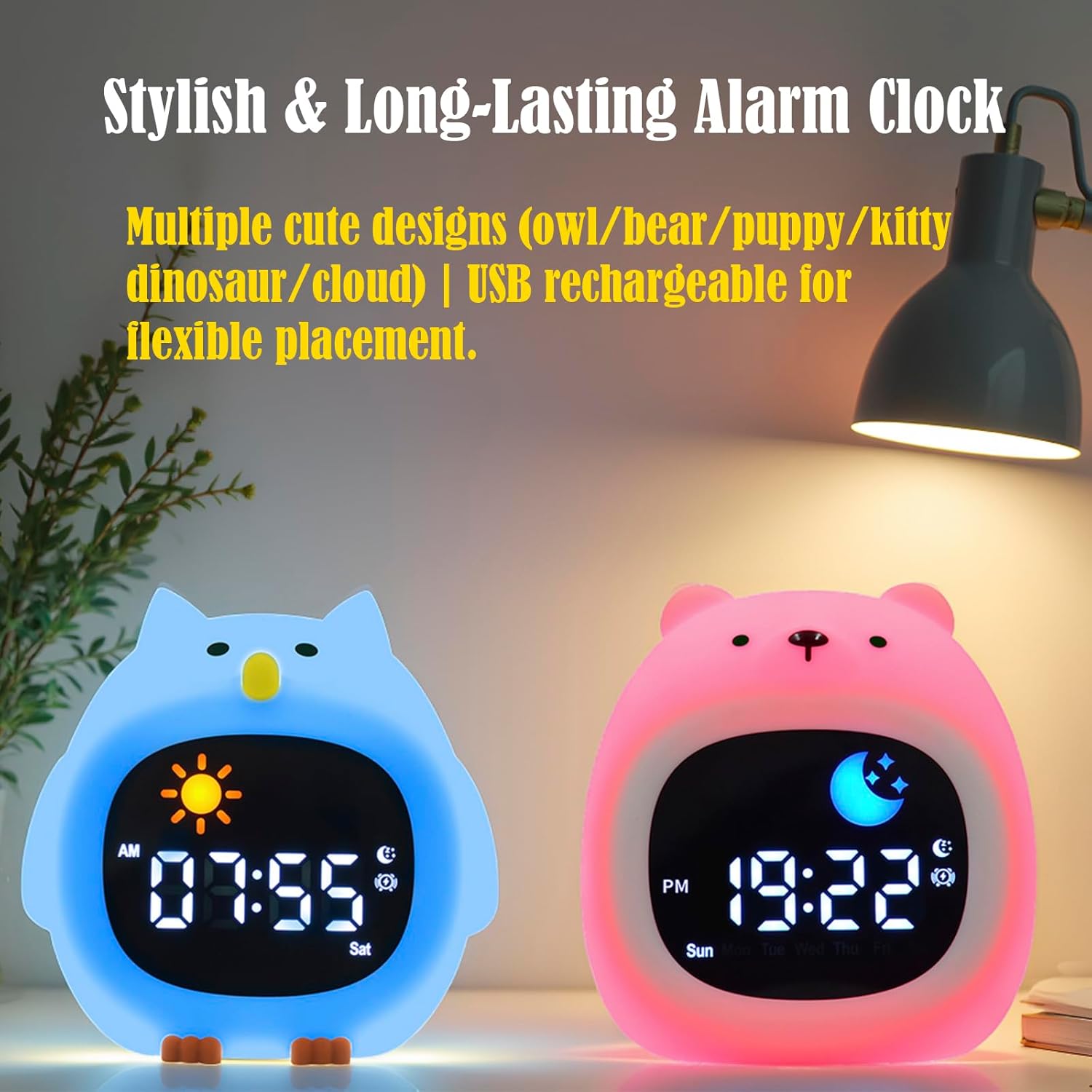 Alarm Clock with Night Light, Cute Cartoon Animal Dogs/Dinosaur/Cat/Litter Bear/Owl/Cloud-Shaped OK to Wake Clock with White Noise, Digital Display Electronic Clock, Cat