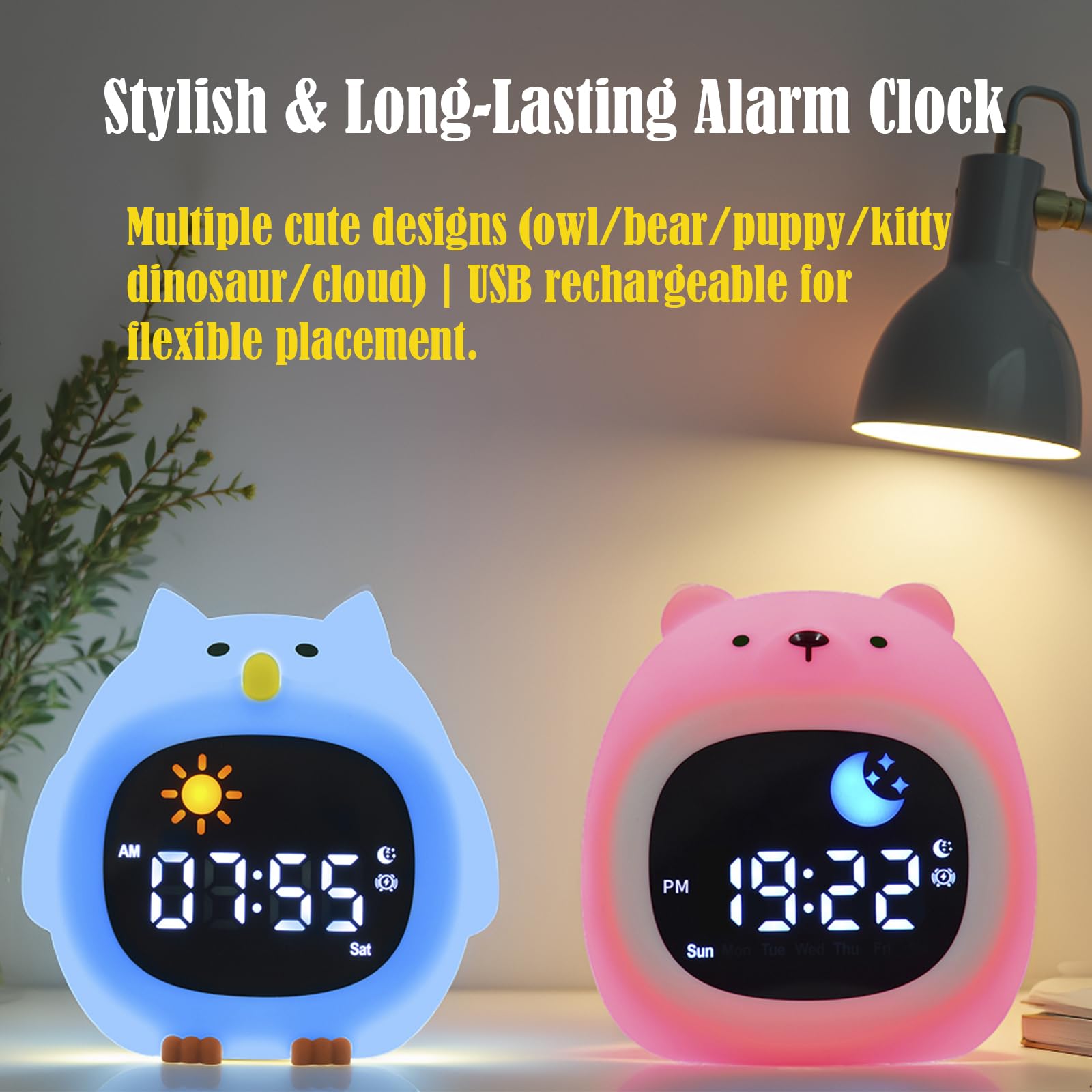 Reloj despertador con luz nocturna, lindo animal de dibujos animados de perros/dinosaurio/gato/oso de arena/búho/nube, reloj OK para despertar con ruido blanco, pantalla digital, reloj
