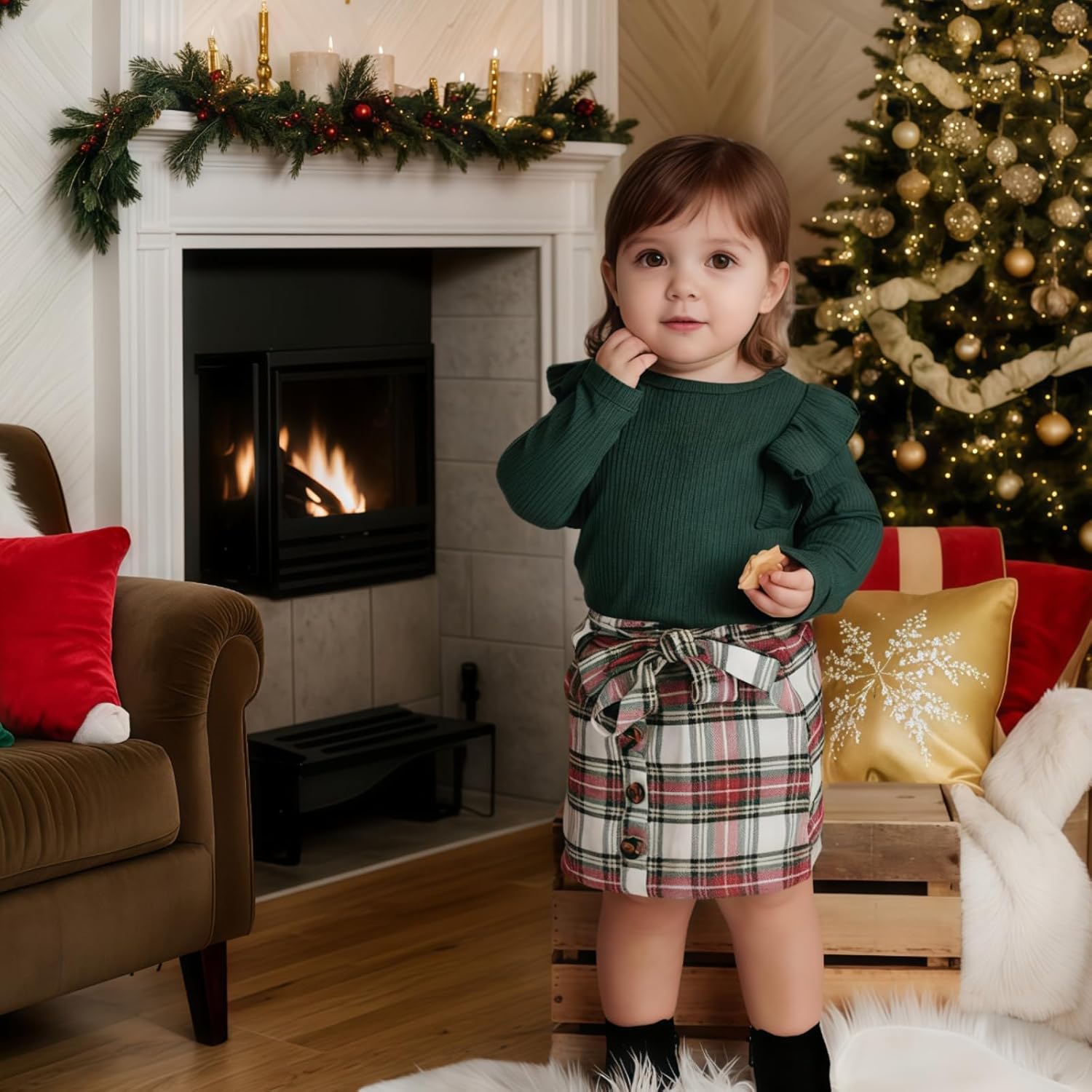 Newborn Baby Girl Plaid Outfits Long Sleeves Knit Ribbed Romper Plaid Belt Skirt Set Fall Winter Clothes 0-18M - Image 2