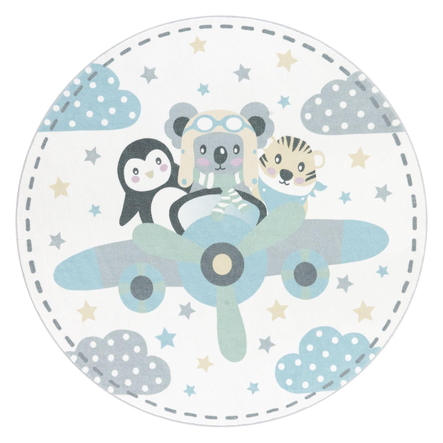 TT Home Runder Teppich Kinderzimmer Kinderteppich Waschbar Tiere Tiger Koala Bär Pinguin, Farbe:Beige, Größe:200 cm Rund