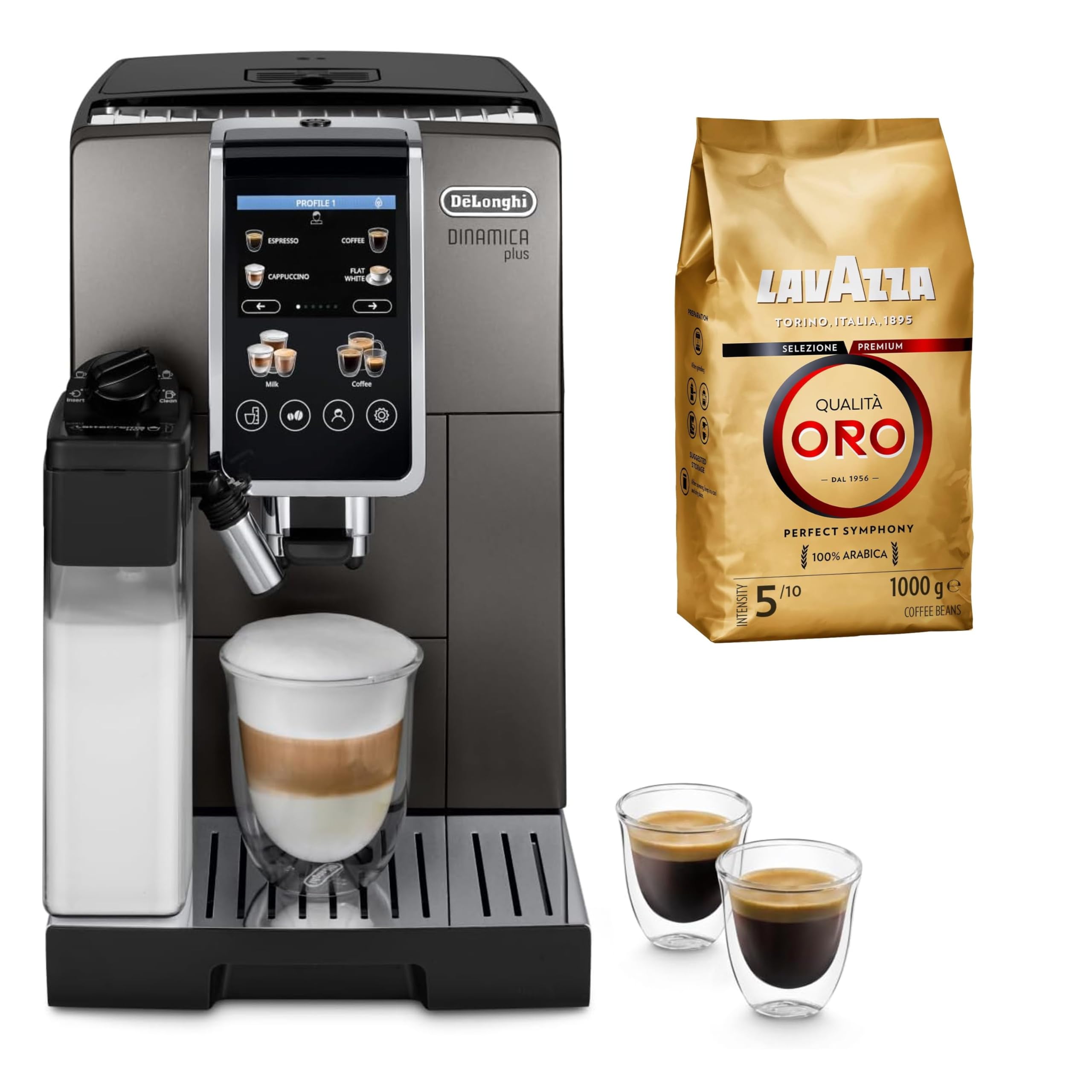 De'Longhi Dinamica Plus ECAM380.95.TB Fully Automatic Coffee Machine with LatteCrema Milk System, Titanium/Black + Lavazza, Qualità Oro, Café en Grano Natural, Paquete de 1 kg