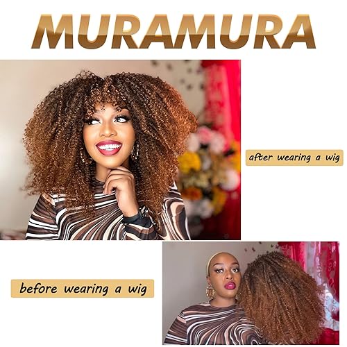 Miniatura 6 de MURAMURA HAIR Peluca rizada de 18 pulgadas de largo con flequillo para mujeres negras, peluca rizada tipo afro bomb, pelo sintético esponjoso y