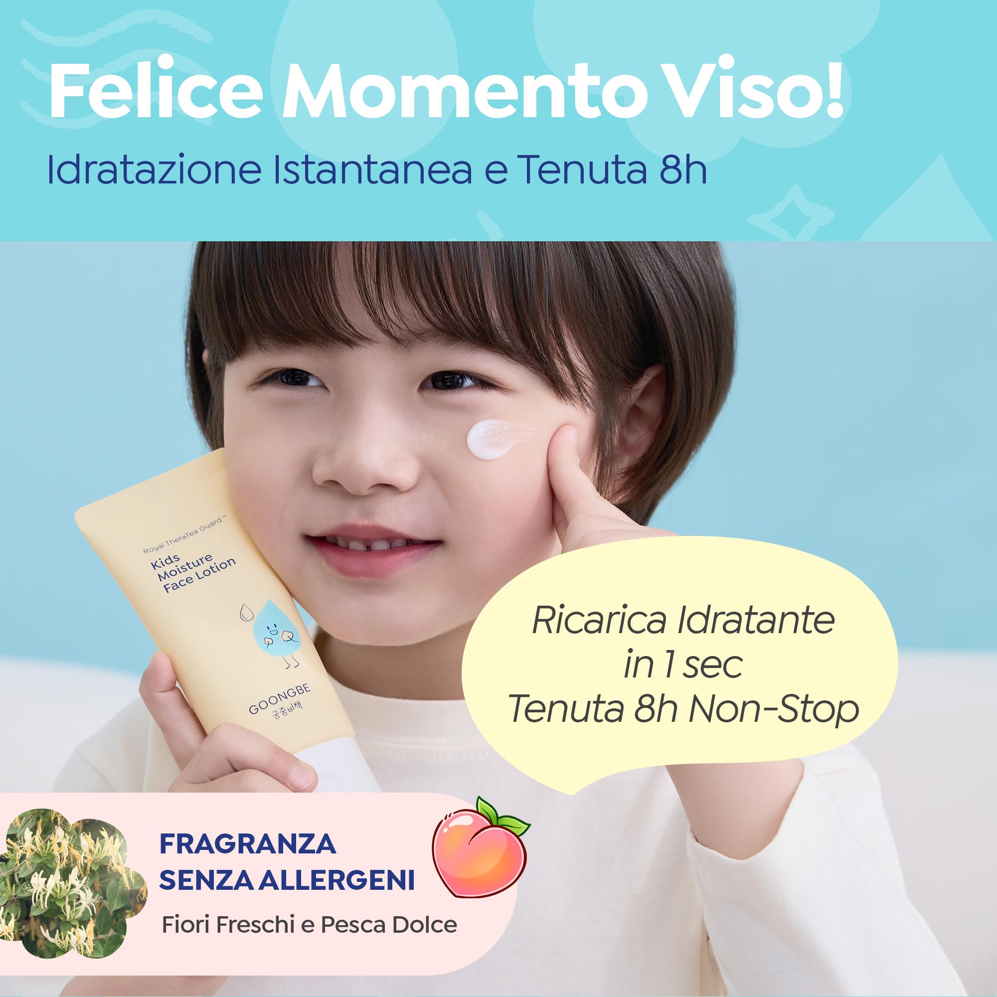 GOONGBE Lozione viso idratante per bambini, idratazione quotidiana del viso per bambini coreani, 8 ore idratante rinfrescante con Cica e Allantoina, profumo anallergico,