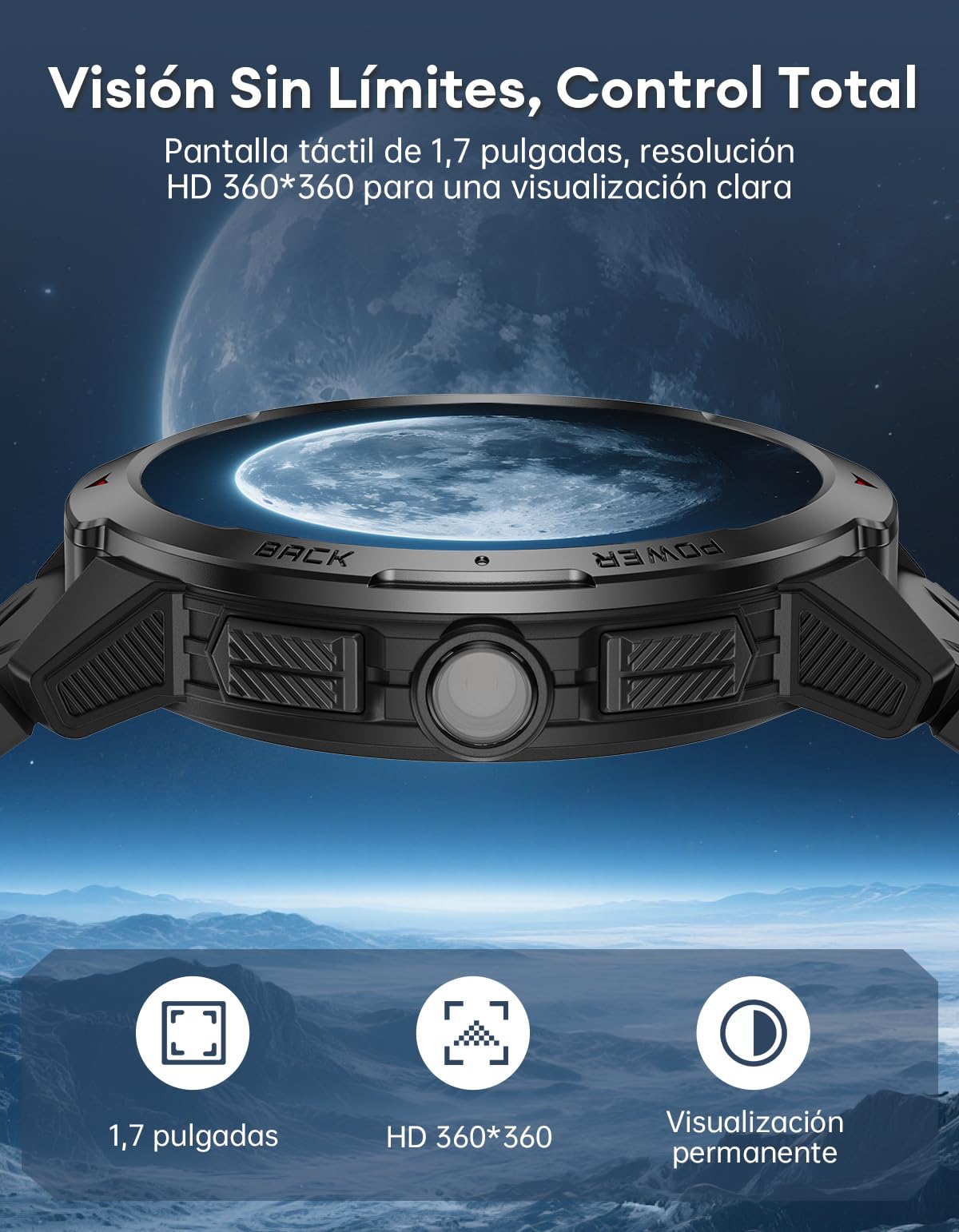 Reloj Inteligente Hombre - Batería de 1100mAh/30 Días, 1,7'' Smartwatch Militar con Linterna/Brújula/3ATM Impermeable/Pulsómetro/SpO2/Sueño para Android iOS, Negro