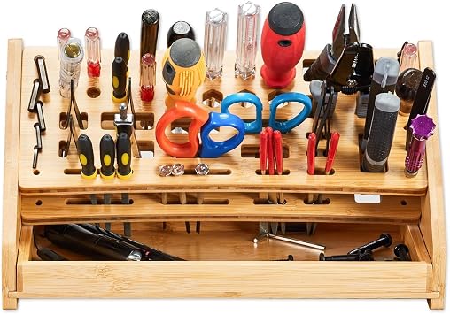 Driver Rack, 53 Holes Wooden Home Storage with Tray, Workbench Organizer, Hobby Crafts Workbench Desktop Bookshelf Garage Truck Trailer Indoor Outdoor Workspace Garden
