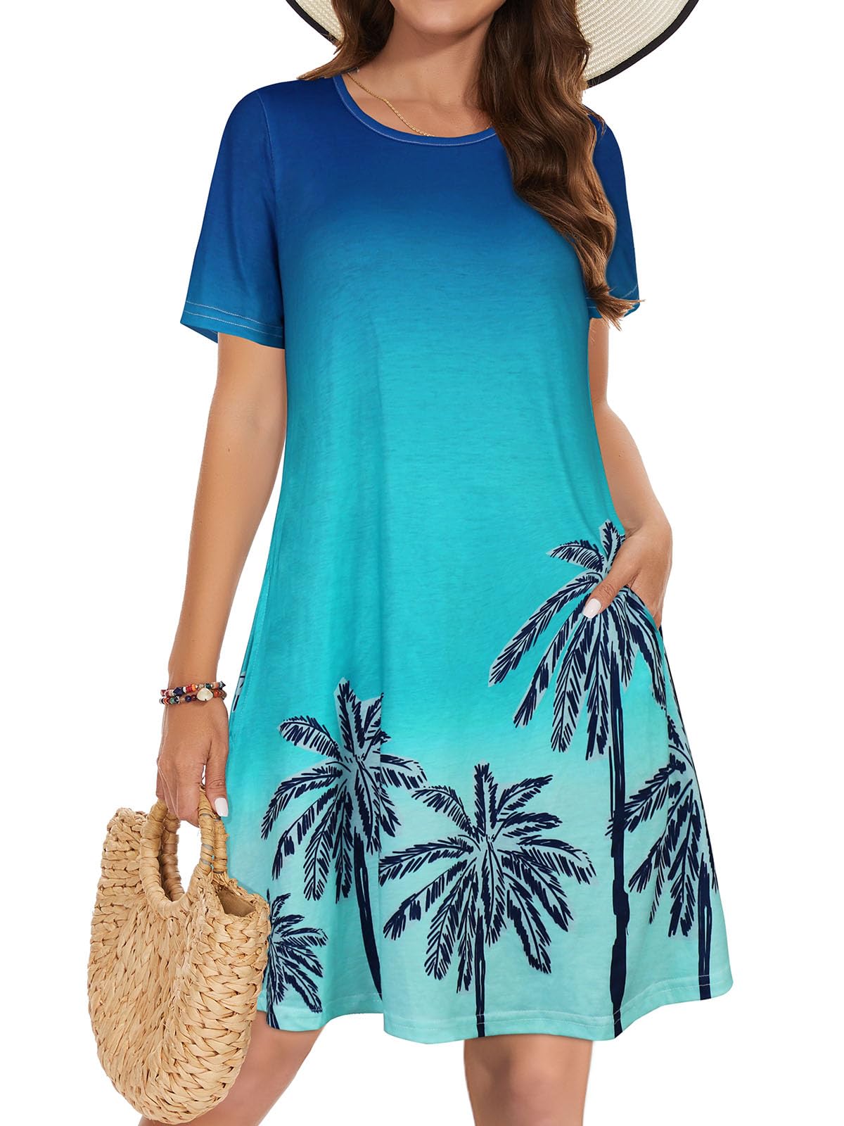 Summer Dresses for Women Casual Tshirt Short Sleeve Floral Sundress Beach Cover Ups with Pockets