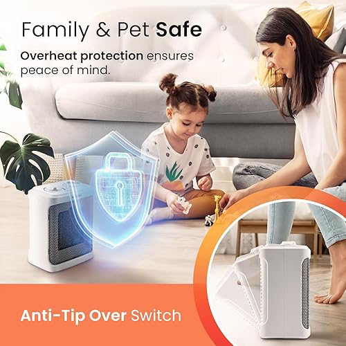 Miniatura 4 de Pro Breeze Calentador eléctrico portátil de cerámica de 1500 W para uso en interiores, termostato ajustable, calentador de espacio pequeño para el
