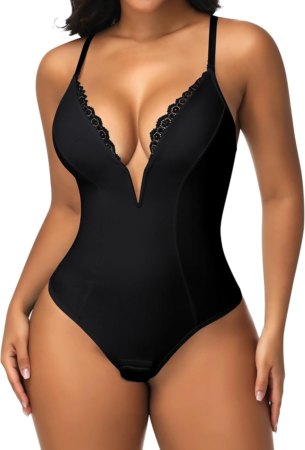 SHAPERIN Women's Lace Trimmed Deep V Neck Bodysuit Plunge Tummy Control Shapewear Thong Body Suits Cami Tank Corset Tops