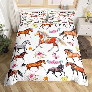 Feelyou Girls Horse Bedding Set for Girls Boys Rose Floral Galloping Horses Comforter Cover Pink Floral Cute Horse Duvet Cover Galloping Horse Bedspread Cover Twin Size Bedding Collection 2Pcs