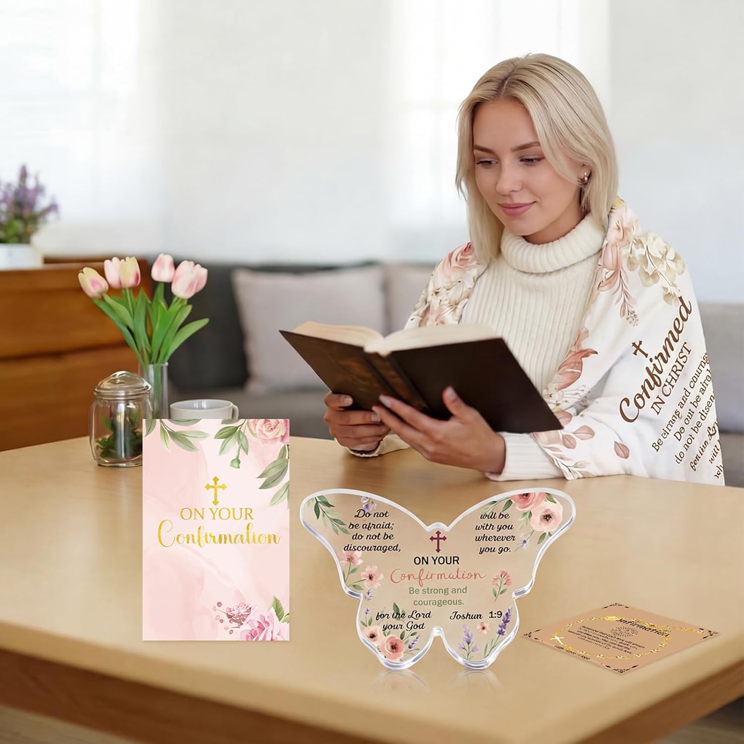 Tingjoo Confirmation Gift Set for Teenage Girl Include Blanket, Acrylic Plaque, Virgin Mary Cross Bracelet, Greeting Card and Gift Box, Religious Catholic Christian Confirmation Gifts for Women Girl