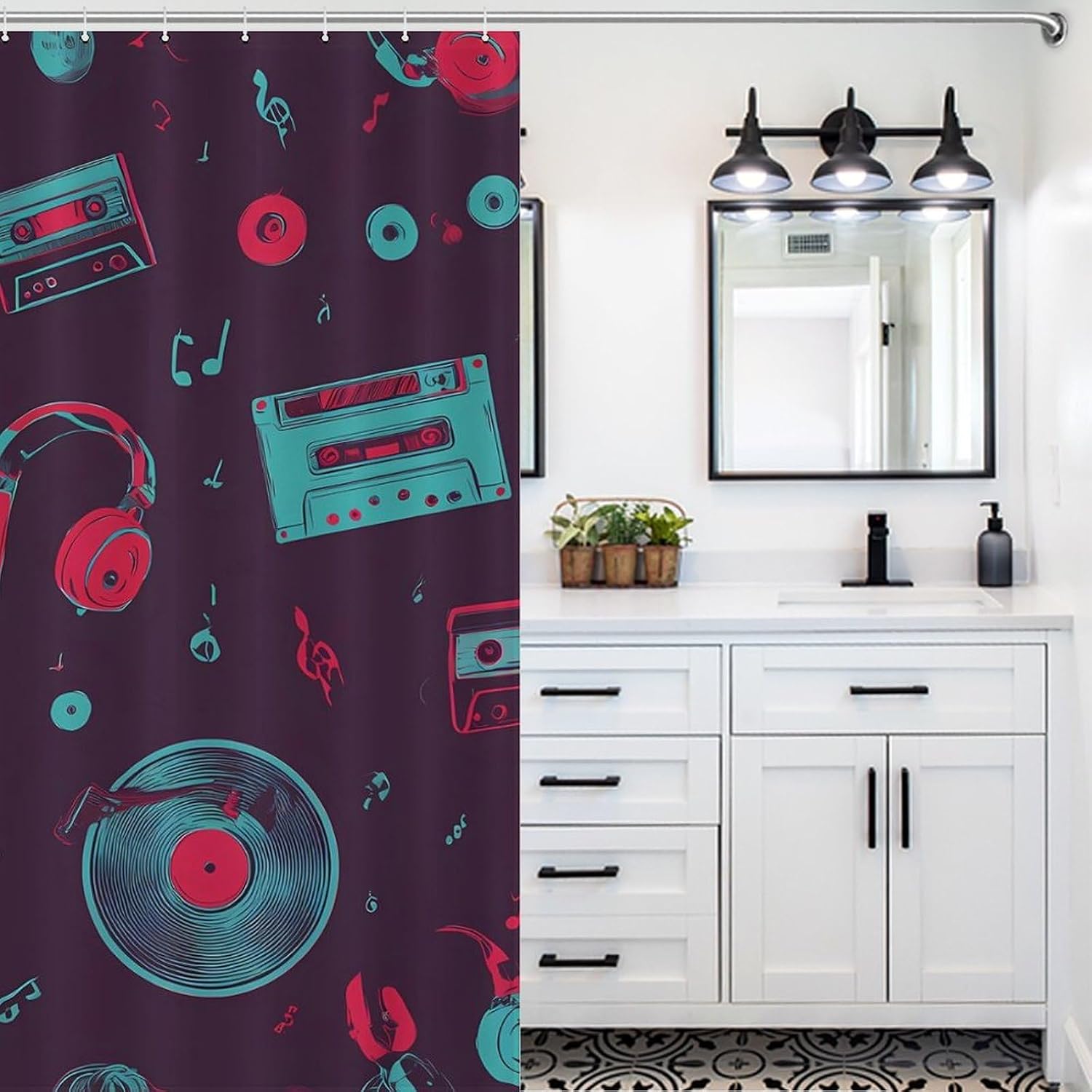 Vinyl Records Musical Notes Cassette Fabric Shower Curtain Liner Bath Bathroom