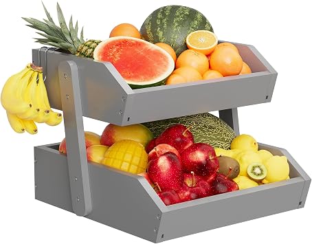 Grey Bamboo 2 Tier Fruit Basket for Kitchen Counter with 2 Banana Hangers