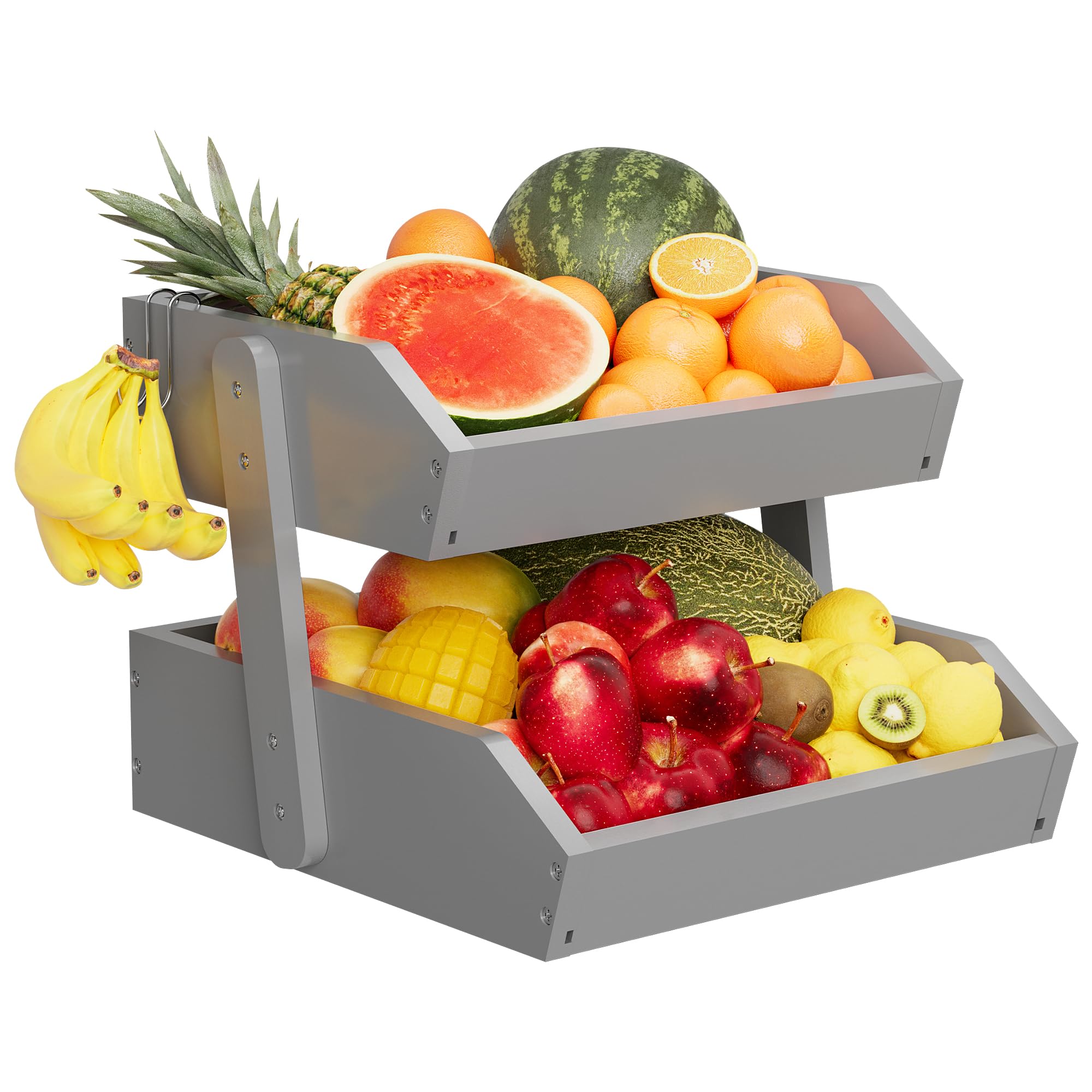 Bamboo 2 Tier Fruit Basket for Kitchen Counter, Large Capacity Fruit Storage Countertop, Fruit Holder, Wood Pantry Organizers and Storage, Kitchen