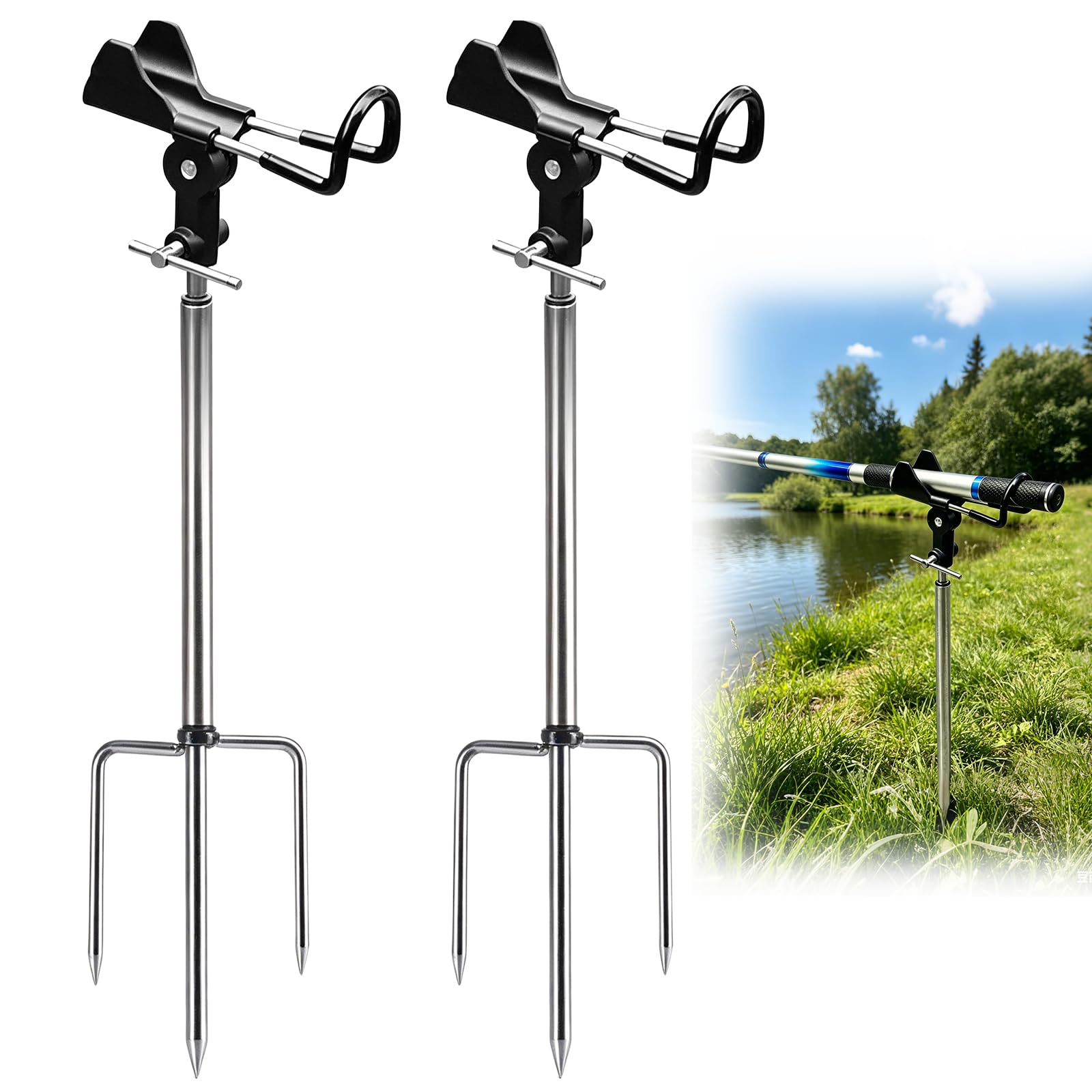 Lot De 2 Supports De Canne à Pêche En Acier Inoxydable – Rotation 360° – Réglage Par Engrenage – Pour Plage, Sol Ou Banc