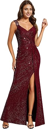 Ever-Pretty Womens Formal Dresses V Neck Glitter High Slit Ball Gown Shoulder Strap Evening Gowns Wedding Guest Dress