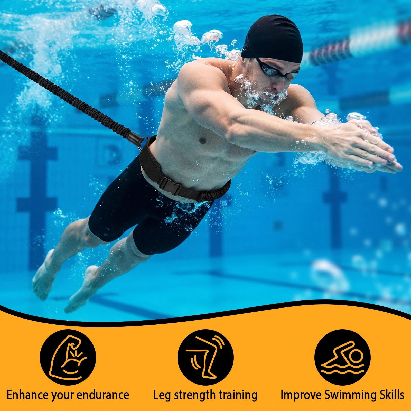Pas do pływania, 2,5-7,5 m, regulowany pas do pływania, dla dorosłych, do każdego basenu – pomoc w pływaniu dla początkujących, aquafitness i rehabilitacji