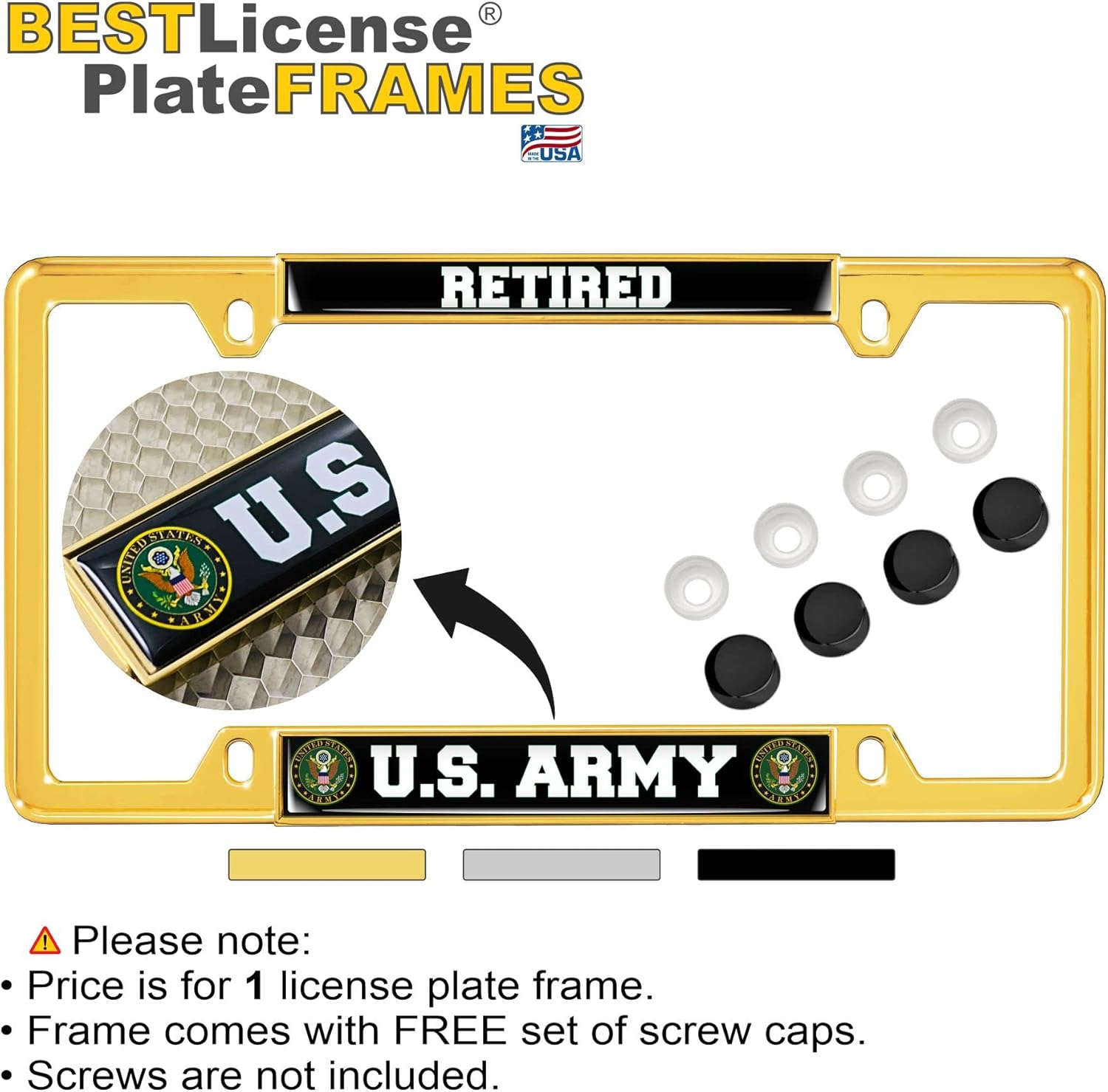 [Officially Licensed Product] - Retired US Army - Domed Custom-Made Personalized Thin (Narrow) Top 4 Hole Metal Car License Plate Frame with Free caps - Gold (Quantity: 1 Frame)