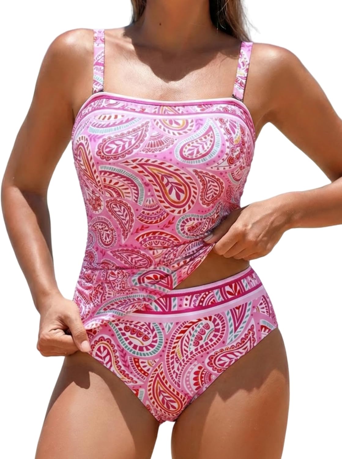 ZAFUL Women's Tummy Control Tankini Swimsuits, Floral Print Two Piece High Waisted Bathing Suits Full Coverage Bikini Bottoms