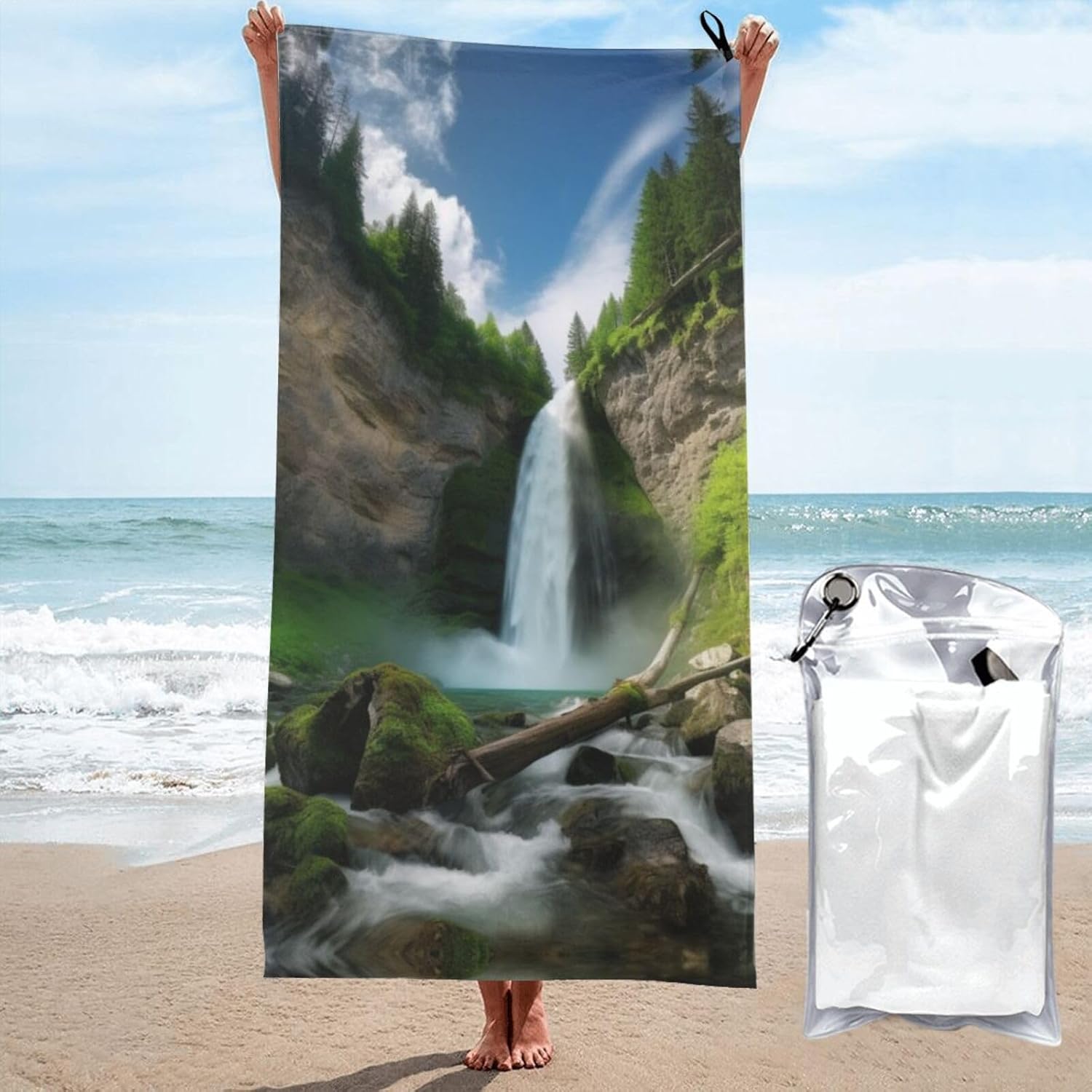 Waterfall View Printed Microfiber Towel,Camping Towel,Fast Drying Towel,Soft Lightweight for Gym,Hiking,Yoga,Backpacking