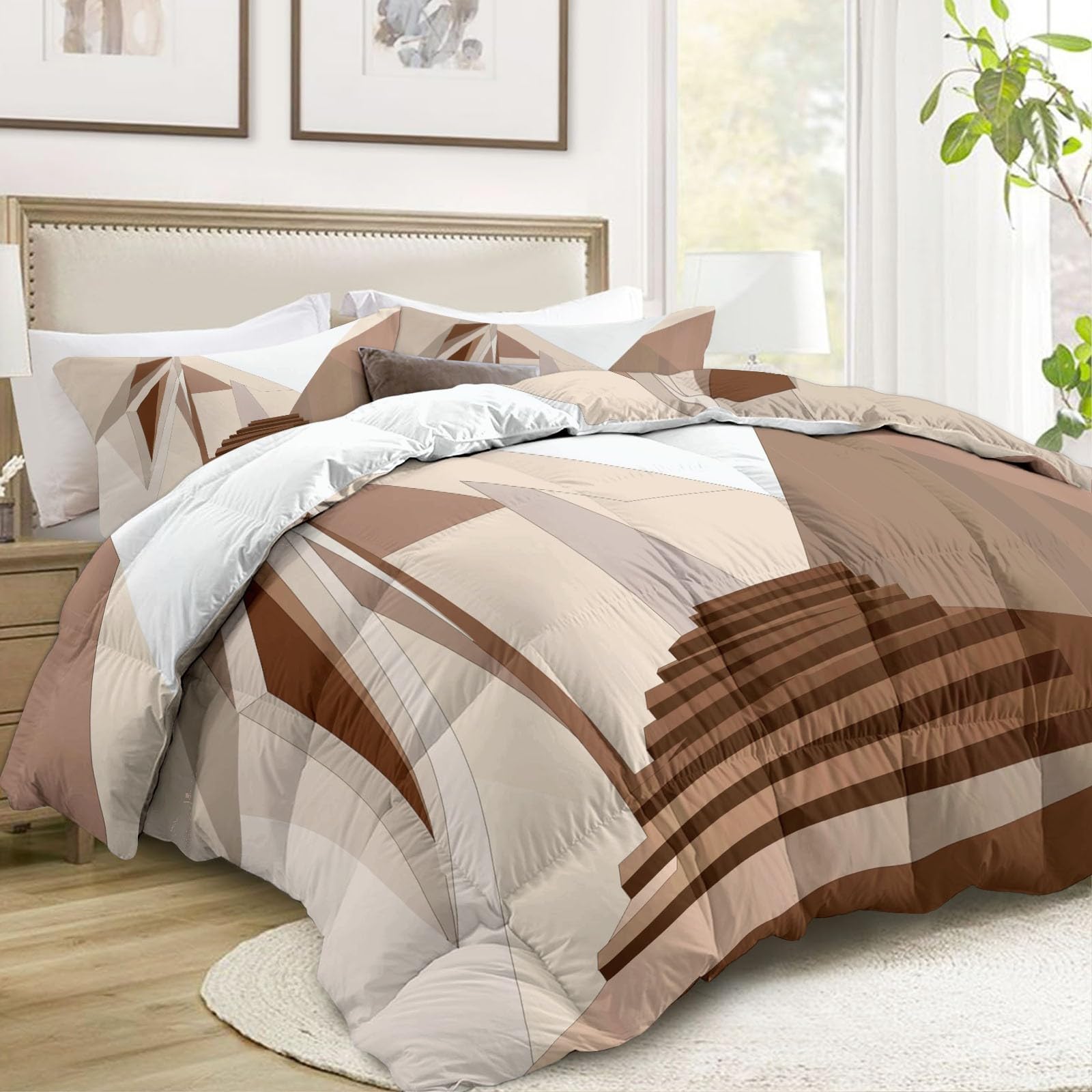 Piumone Invernale Matrimoniale 220 x 240 cm Surrealismo Architettura Scala Trapunta in Ecopiuma 400 gr/mq, Caldo ed Elegante – Biancheria da Letto Anallergica e Traspirante – Set 3 Pezzi, Beige