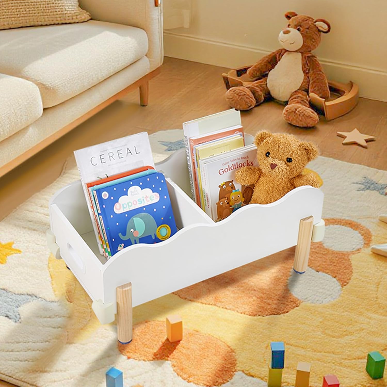 HouseJoy Wooden Bookself for Kid, White Kids Bookshelf and Toy Storage, Toddler Bookshelf for with 2 Adjustable Divider, Baby Bookcase for Children's Room Classroom Nursery