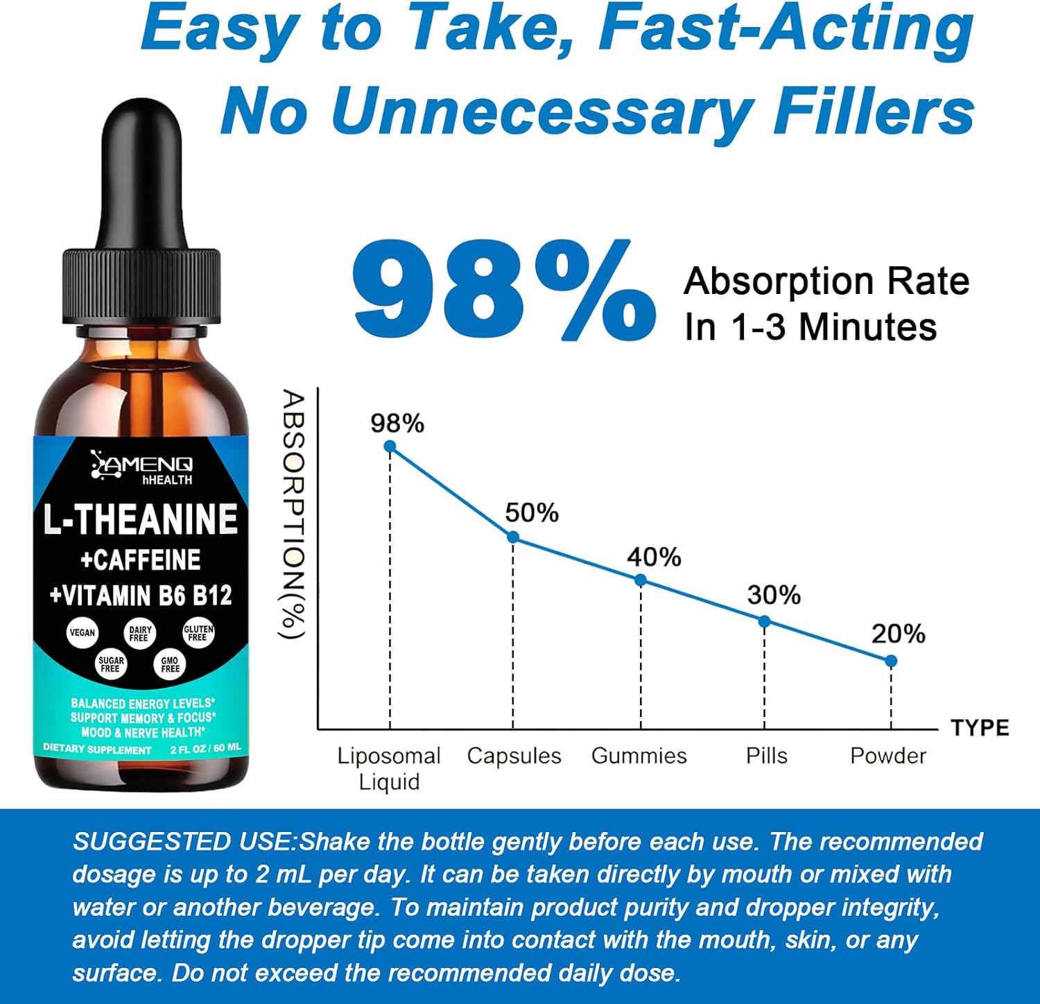 L Theanine Caffeine Supplement Organic Liquid Drops for Women & Men | Focused Energy Supplement with L-Theanine 200mg and 50mg Natural Caffeine + Vitamin B6 & B12 | Vegan | Non-GMO | Gluten Free - Image 5