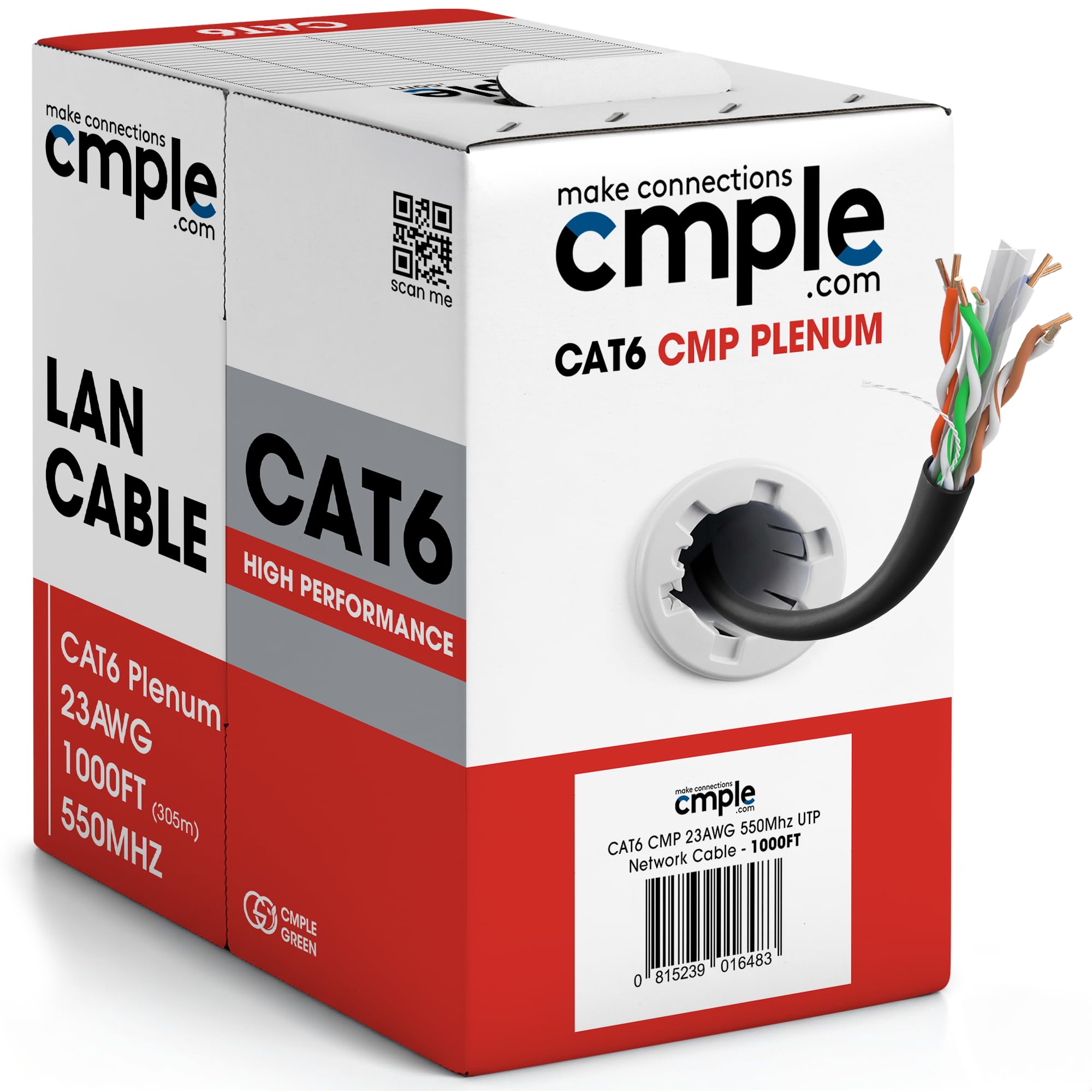 Cmple - Cable Ethernet Plenum Cat 6 de 1000 pies, cable Cat6 (CMP) 350 MHz par trenzado sin blindaje (UTP) 10 Gigabit cable de red sólido, cable Ethernet a granel, color negro