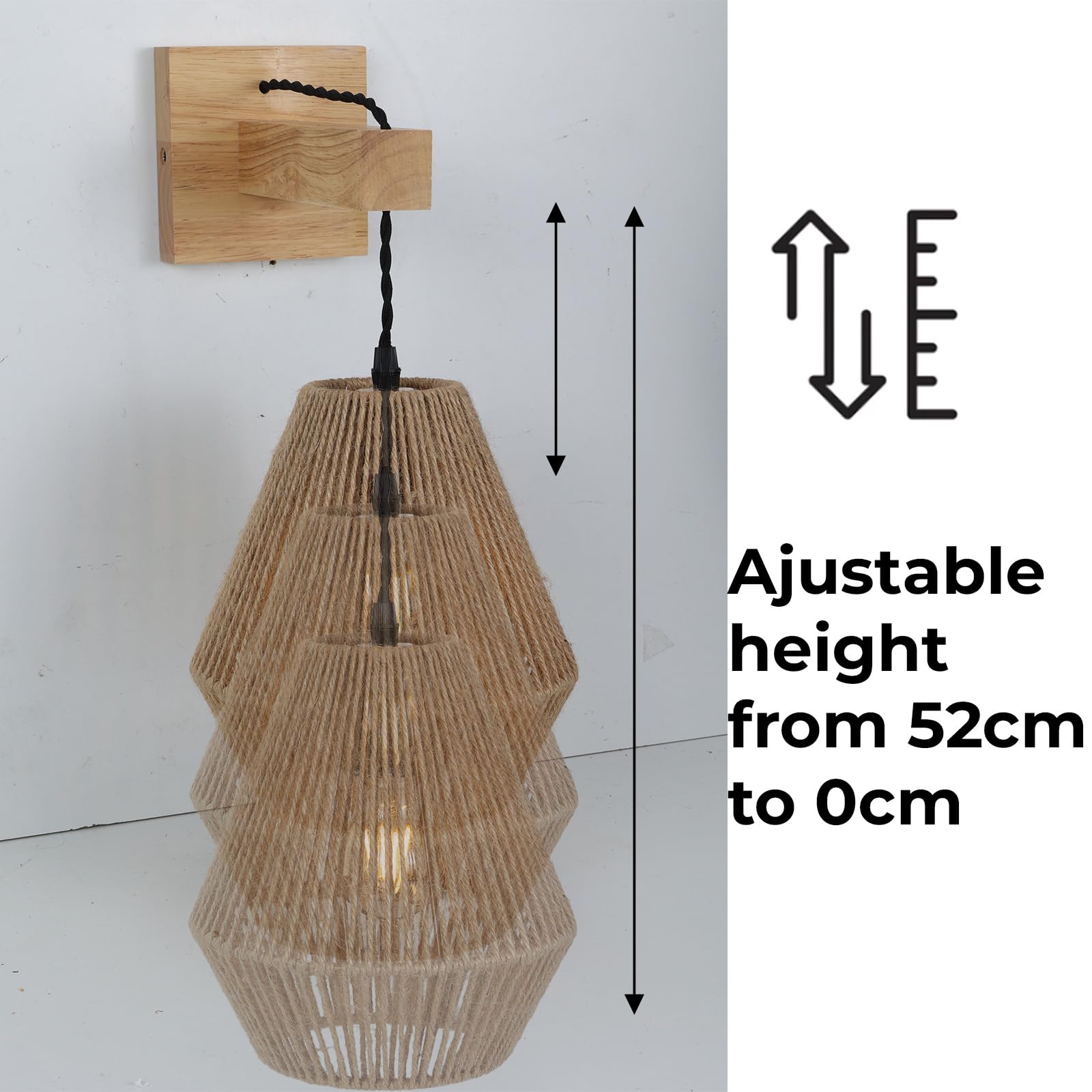 Alpinaluz Applique Murale en Bois avec Abat-jour en Corde de Yute Tissée à la Main, Hauteur Réglable, Style Bohème Artisanale pour Chambre, Salon ou Couloir, Douille E27 Compatible LED