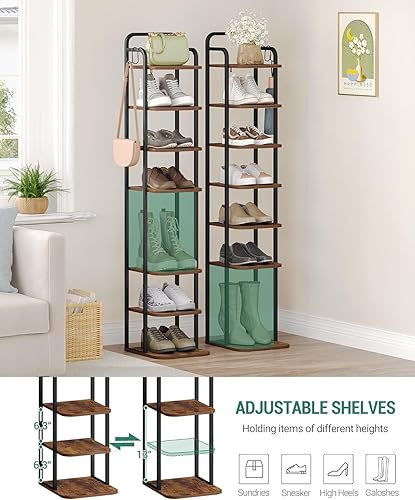 Miniatura 4 de Zapatero Vertical de 8 Niveles, Torre de Zapatos Estrecha, Estante Alto para Zapatos con 2 Ganchos, Estantes Ajustables, Estantes de Esquina para