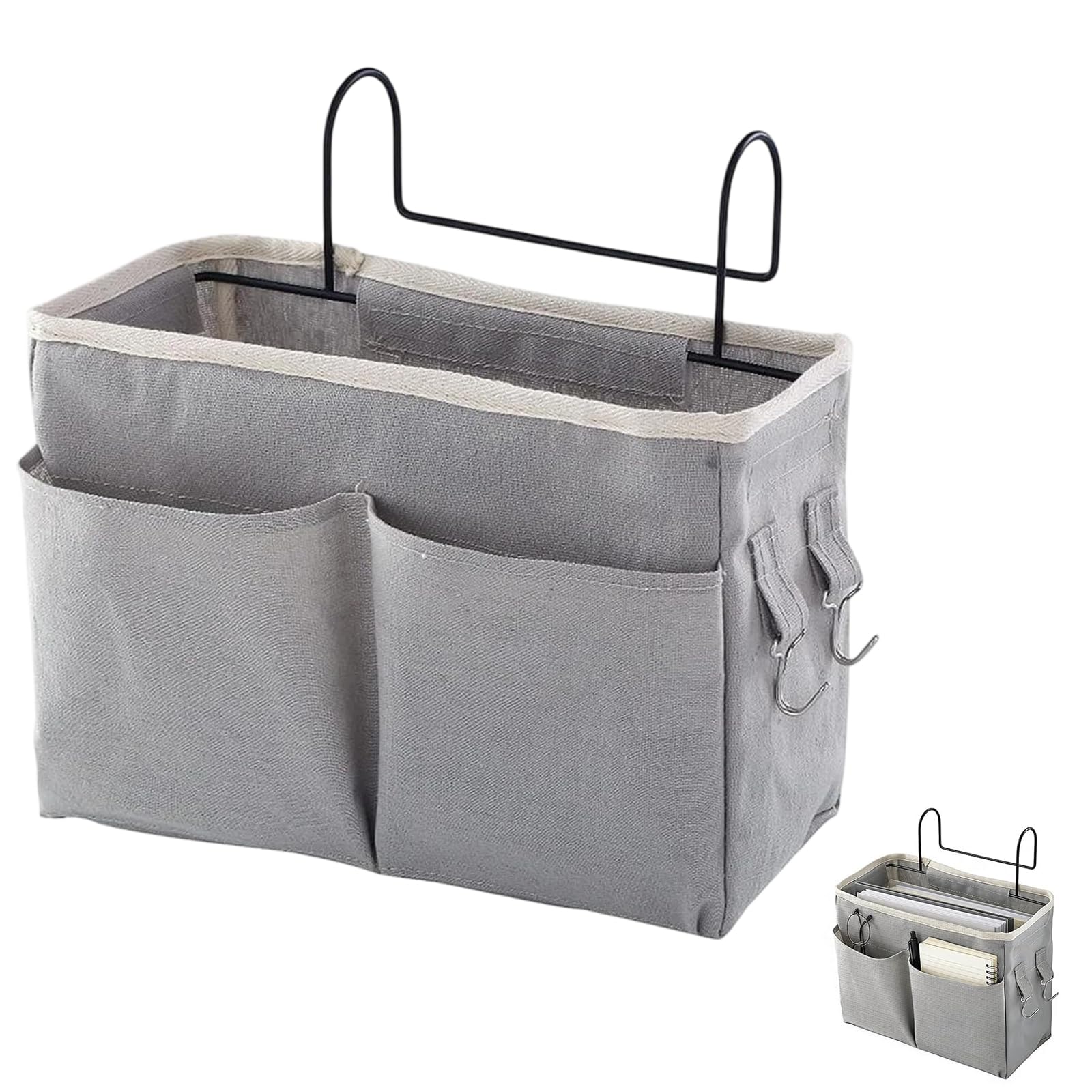 AOQCFS Bedside Storage Caddy and Bedside Organiser - Hanging Bedside Storage Bag with Hooks, Canvas Pockets for Bunk Bed, Dorm, Bedroom, Office.（Grey）