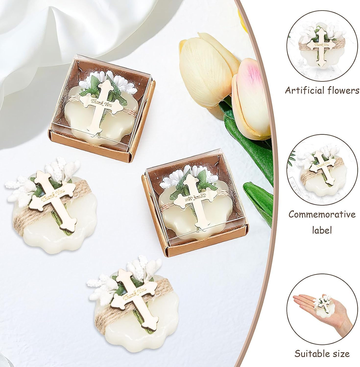 Lot de 24 Savons Parfumés Invités avec Fleurs Séchées – Cadeaux Baptême Fille Garçon avec Étiquettes Bois Merci – Souvenirs Communion, Naissance, Mariage, Anniversaire, Cadeaux Invités