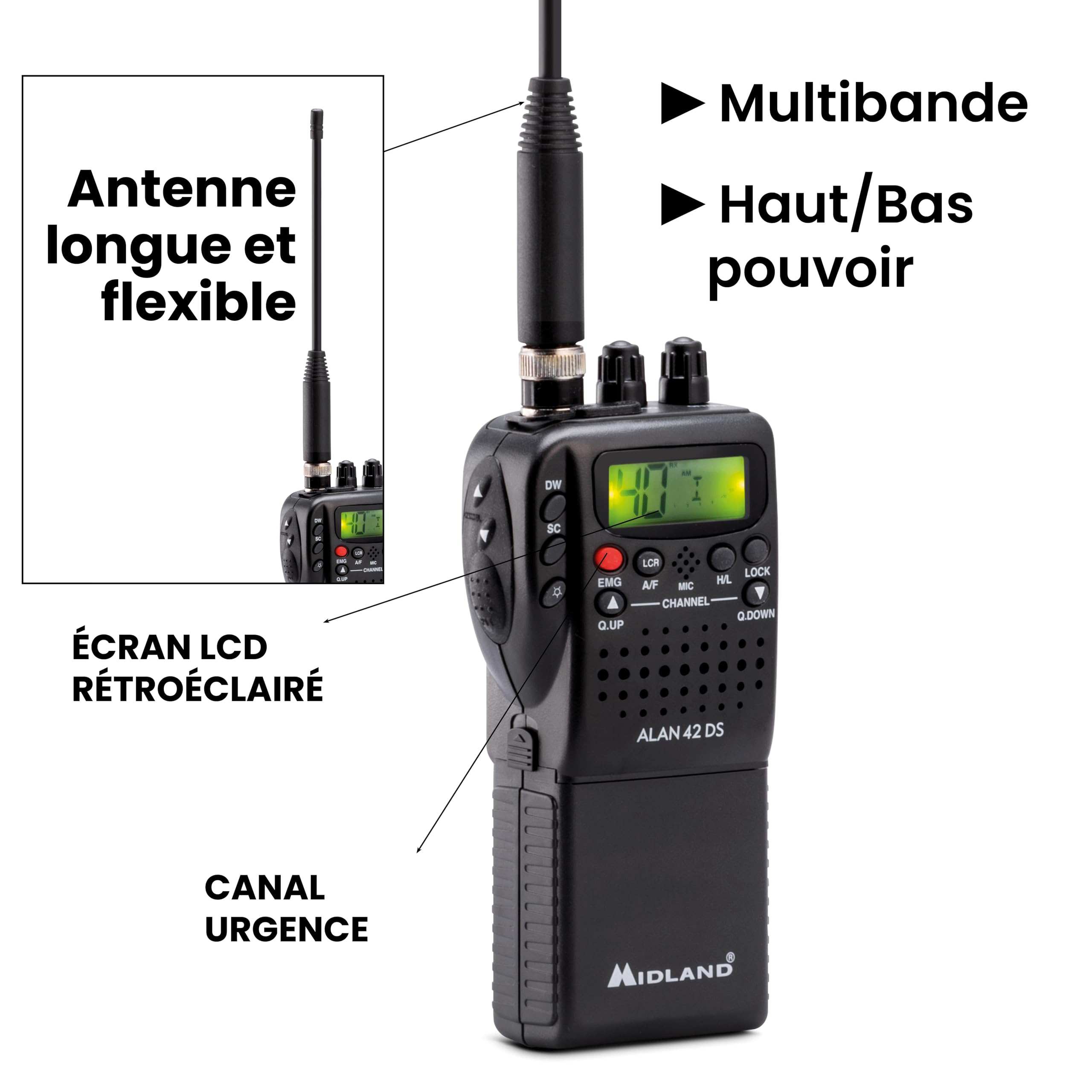 Midland - Radio CB Portable sans Licence Alan 42 DS, Multi Bande pour Tous les Pays EU, Squelch Numérique - Radio Récepteur Émetteur Professionnel AM/FM Prise 2 Pin, Antenne e Autres Accessoires