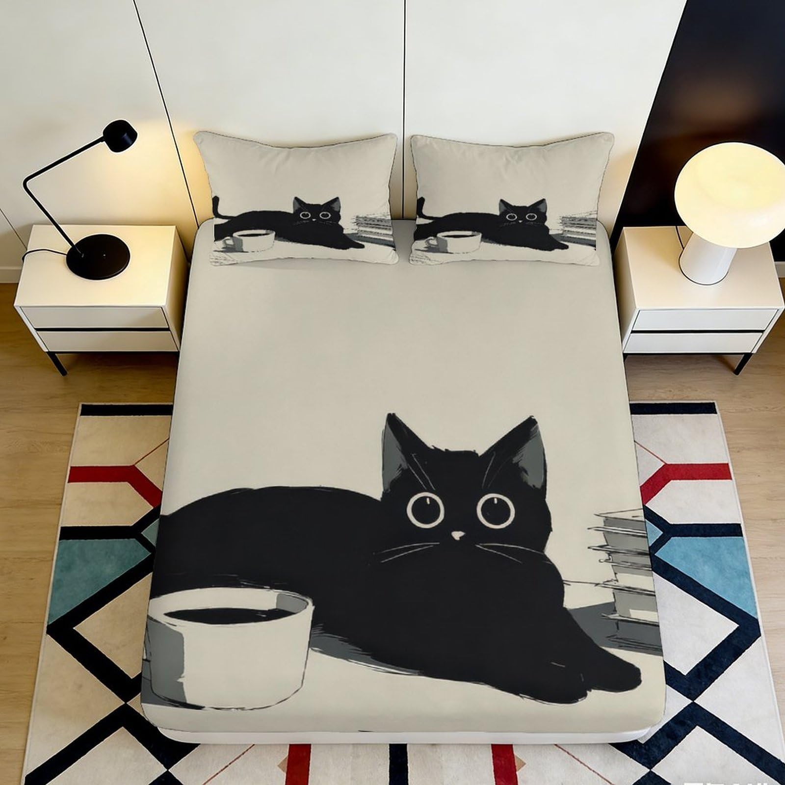 3D Printed Black Cat Coffee Mug Fitted Sheet Microfiber Soft Anti-Slip Bed Cover for Bedroom Dorm Mattress Decor 140x200x25cm