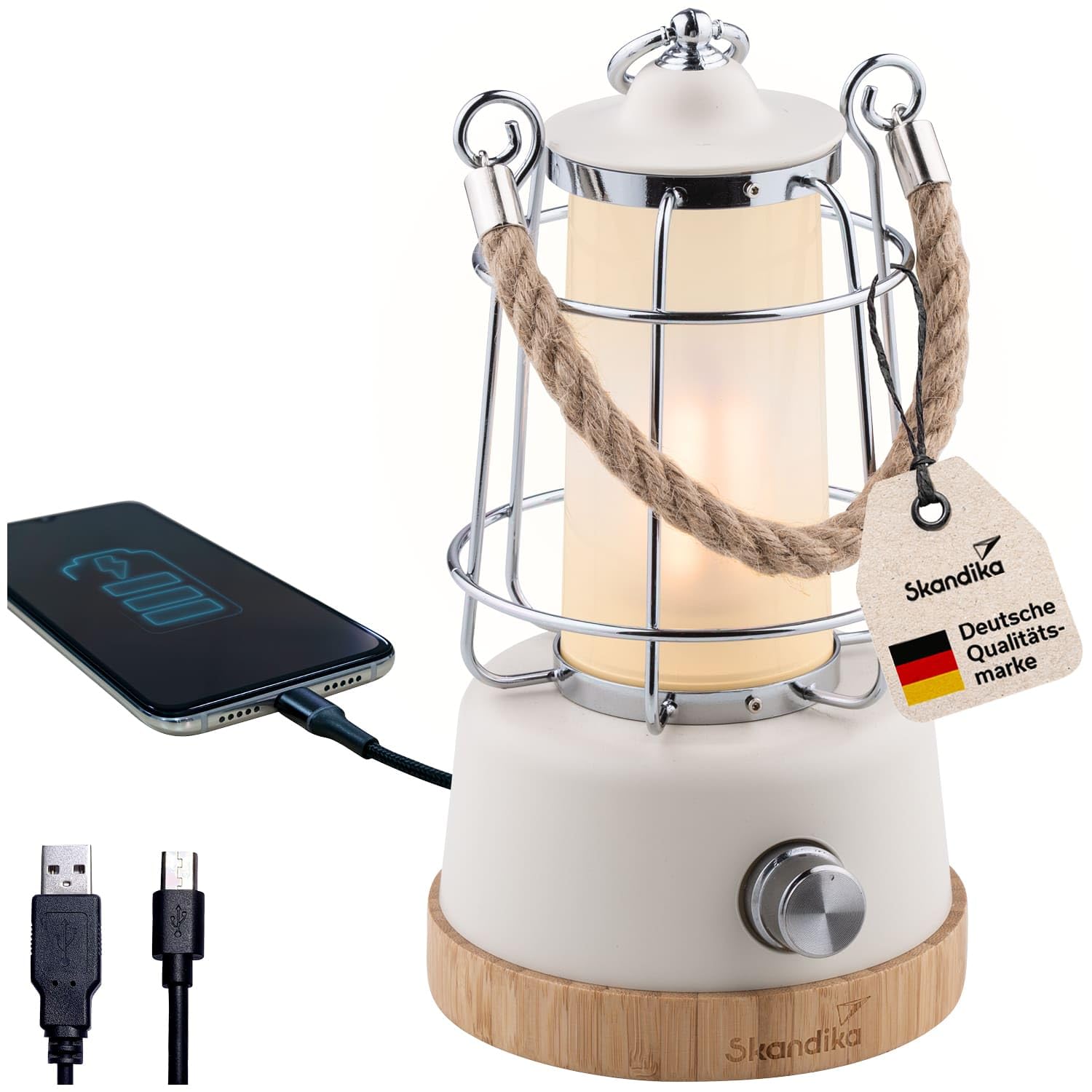 Skandika LED-Lampe Kiruna | Retro Outdoor Campinglampe mit Powerbank, stufenlos dimmbar, kabellos, Akku, aufladbar, USB, warm- und kaltweiß, 75h Leuchtzeit (Kiruna weiß)