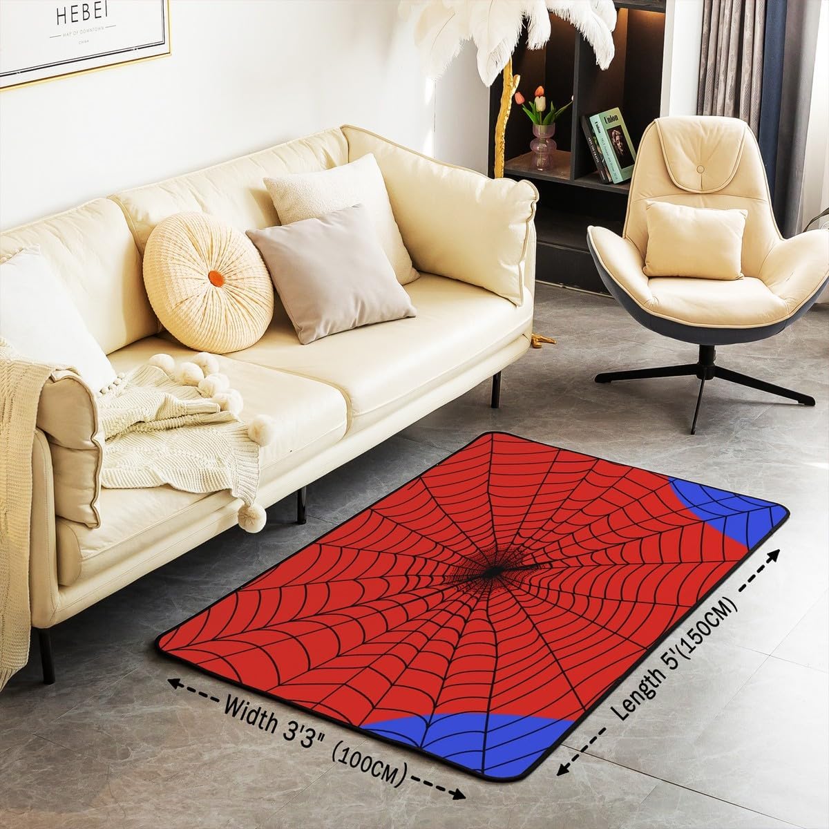 Spider Web Area Rug,Boys Girls Halloween Spider Red Blue Living Room Rugs for Kids Teens Adult,Cartoon Abstract Spider Web Lines Non Slip Washable Decor Carpet for Indoor Outdoor 3'x5'x0.39''