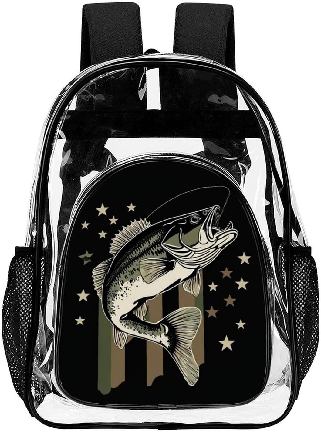 Bass Fishing Camo Camouflage American Flag Hunting Black Clear Backpack See Through Backpack Heavy Duty Clear Backpacks Transparent Bookbag for Work, Security, College